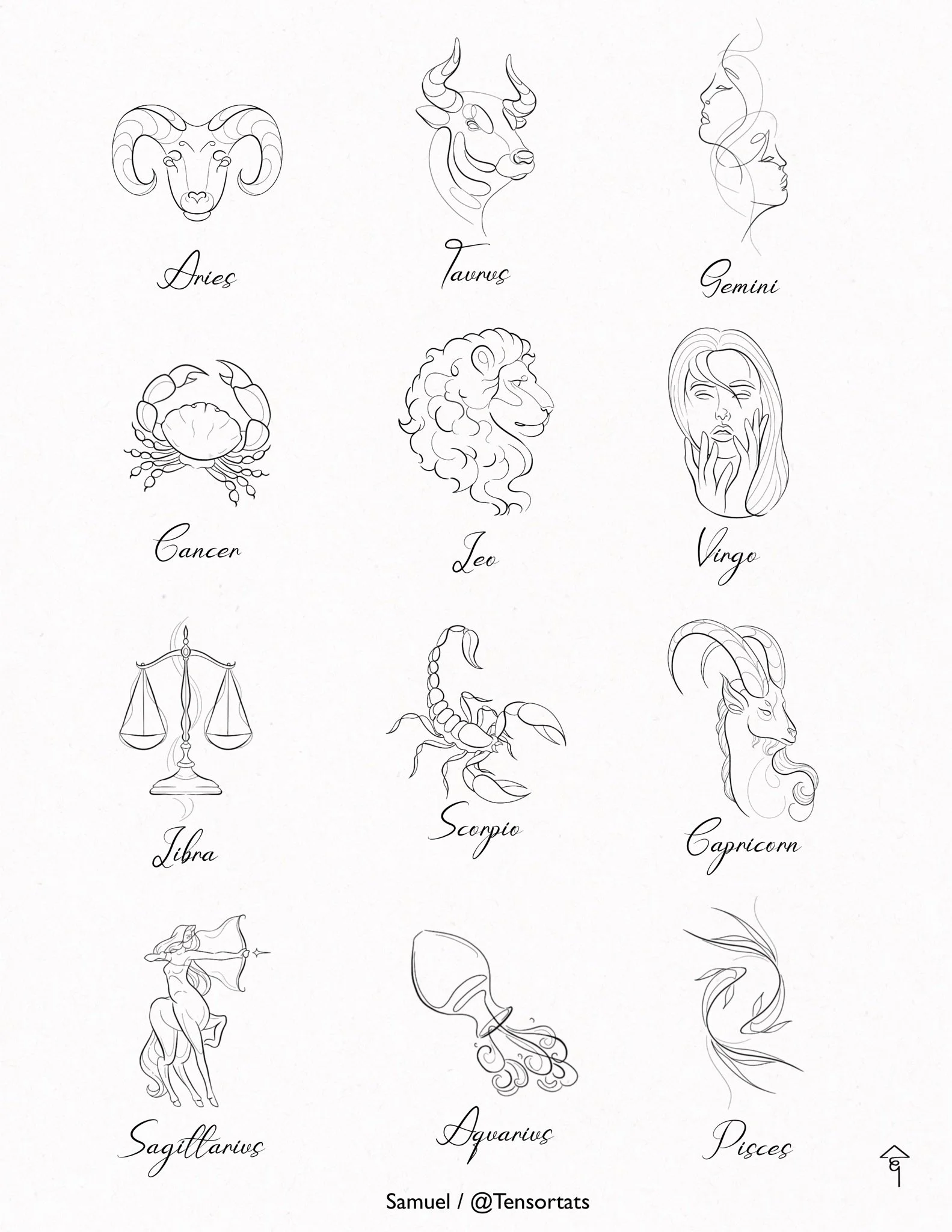 Line art illustrations of the twelve zodiac symbols with their names, arranged in a grid. The symbols include Aries, Taurus, Gemini, Cancer, Leo, Virgo, Libra, Scorpio, Capricorn, Sagittarius, Aquarius, and Pisces.