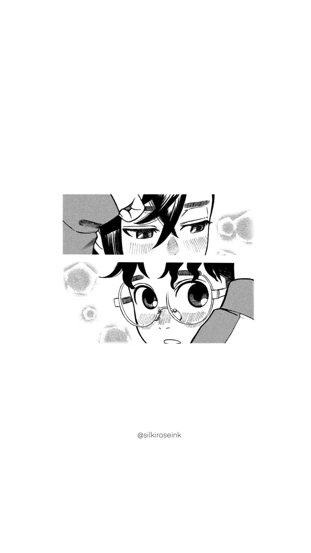 A black-and-white manga-style illustration showing two girls face-to-face. One girl is gently touching the other's forehead, and both girls have blushing cheeks and wide, surprised eyes.
