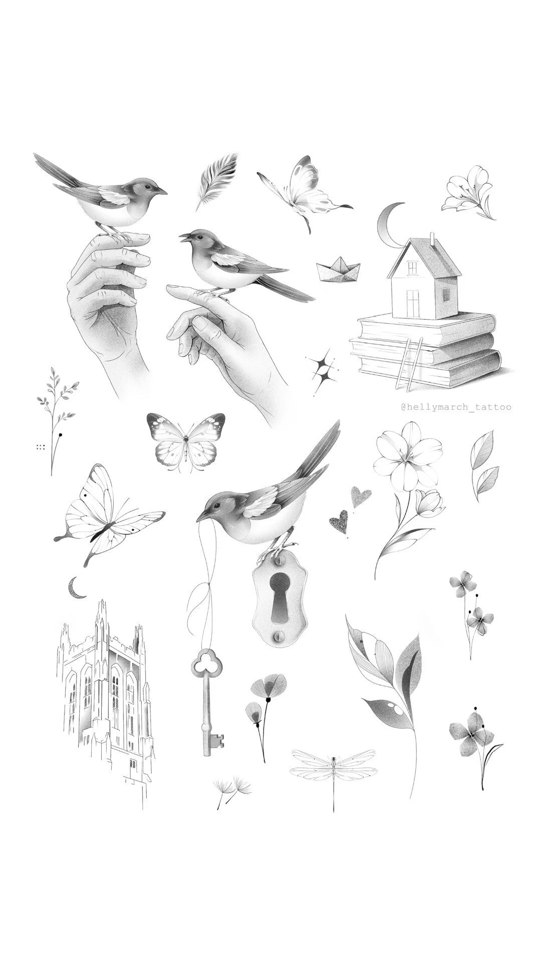 Illustration of birds, butterflies, flowers, a key, a house on books, a keyhole, a church, a dragonfly, a dragonfly, and other decorative elements in black and white.