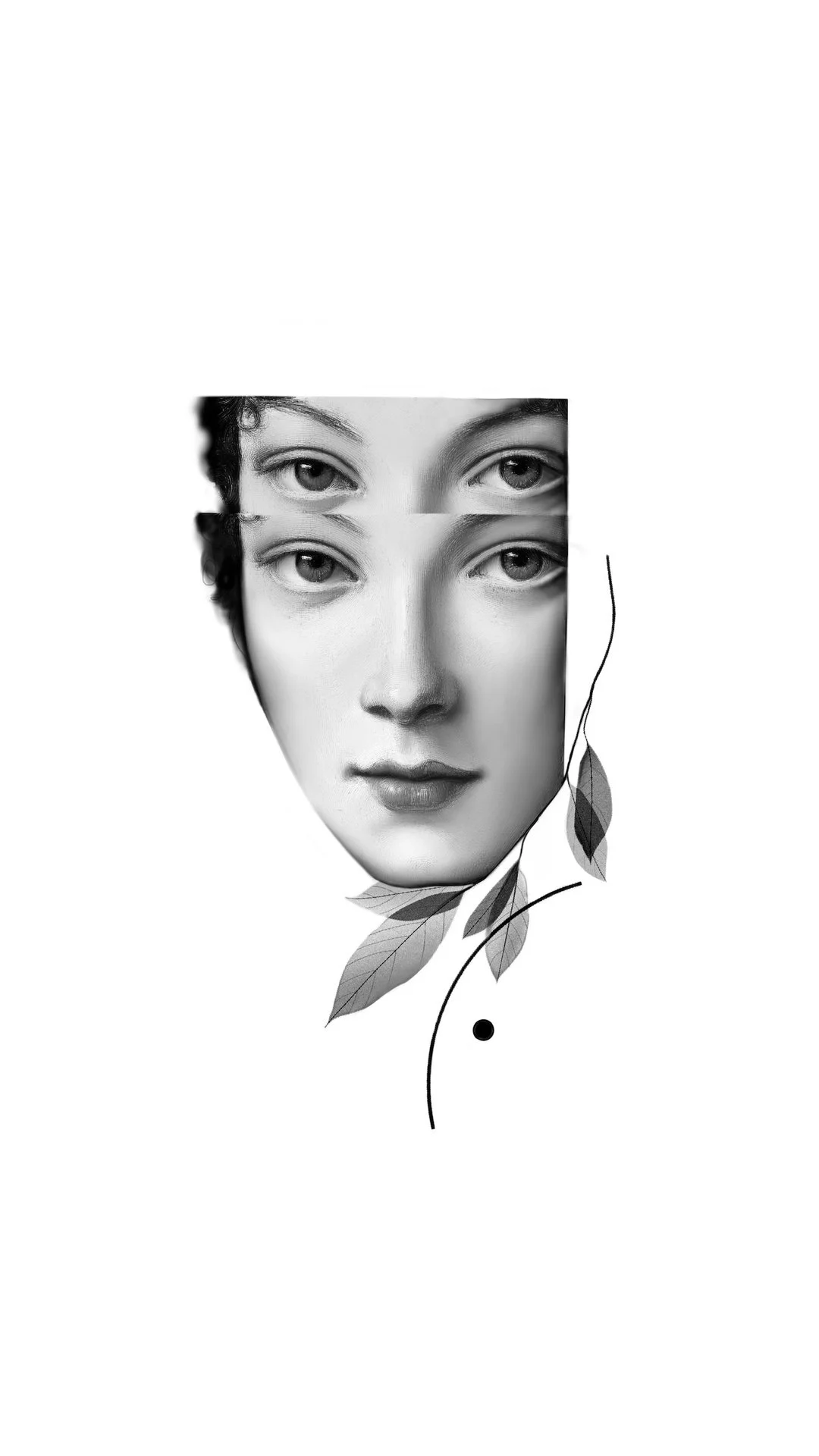 Black and white digital collage of a woman's face with eyes, nose, and lips, combined with a leaf branch and abstract line drawing.