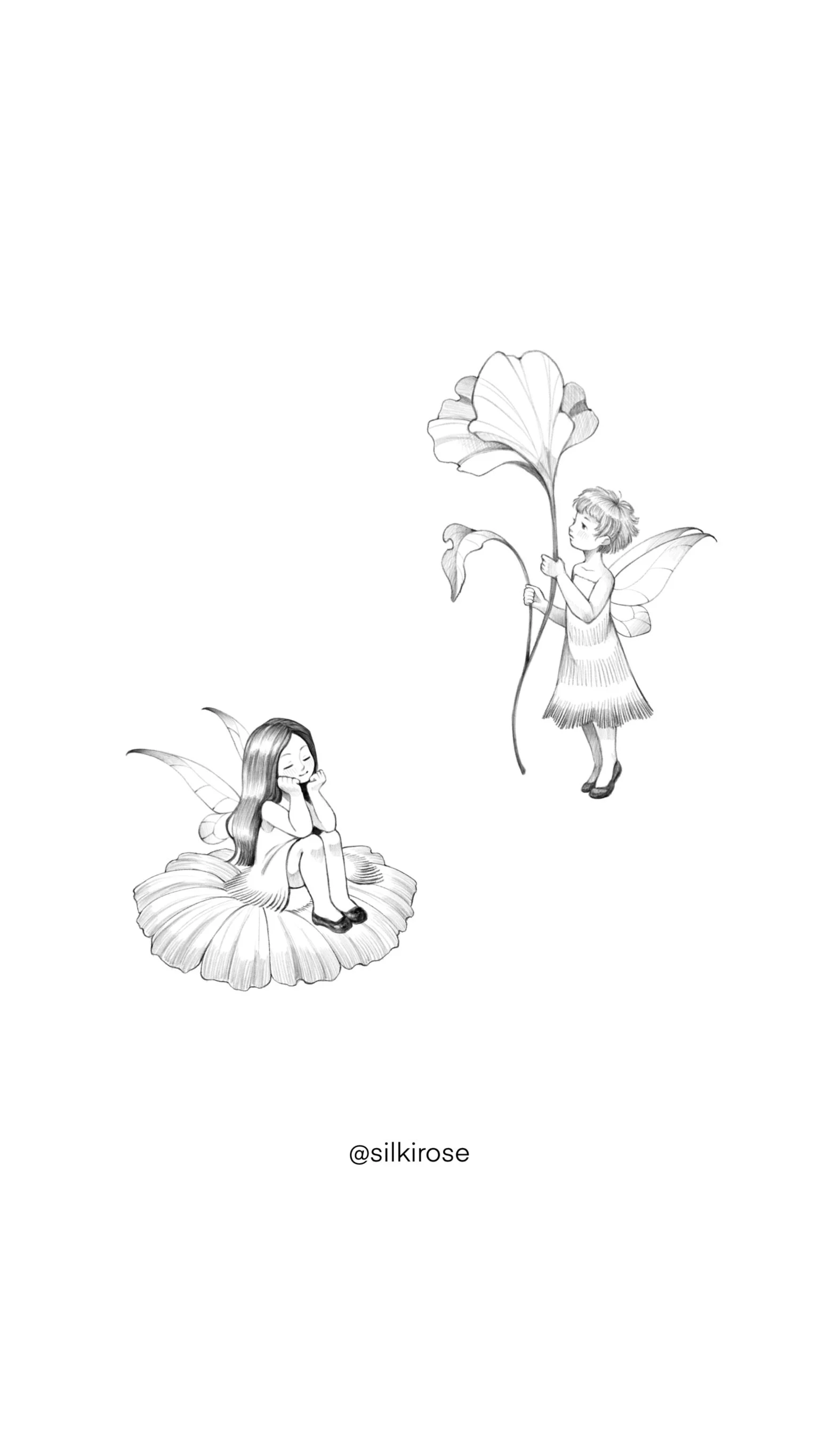Sketch of two fairy children with large leaves as wings, one sitting on a petal and the other floating with leaves as a staff, with the username @silkirose at the bottom.