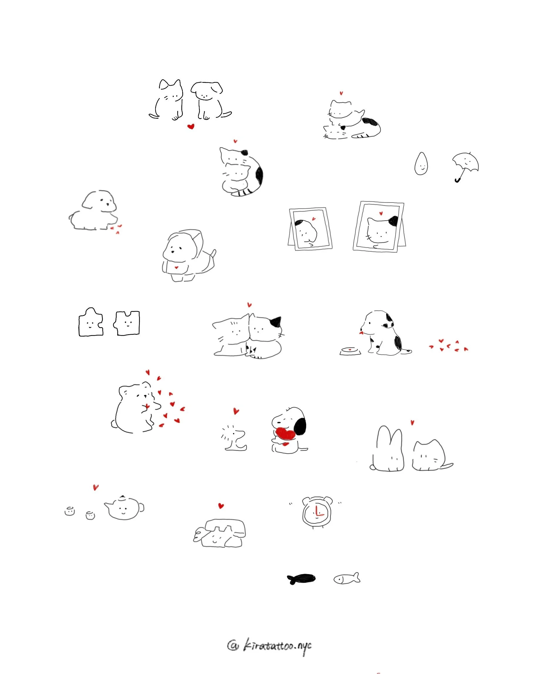 Collection of cute, minimalist black and white dog and cat illustrations with small red hearts scattered throughout.