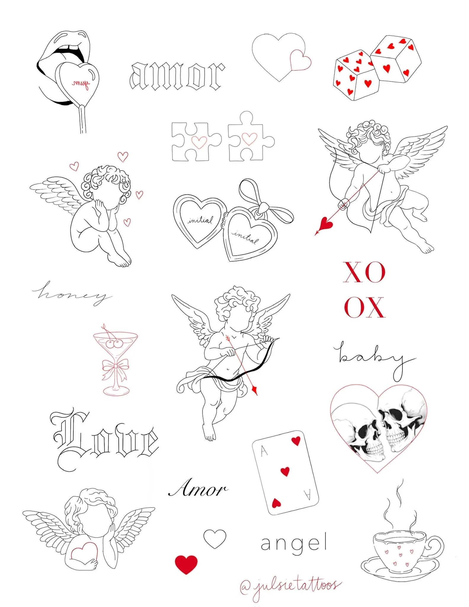 A collection of tattoo-style line art images and words related to love, romance, and Valentine's Day, including cherubs, hearts, dice, puzzle pieces, and words like "amor," "love," and "angel."