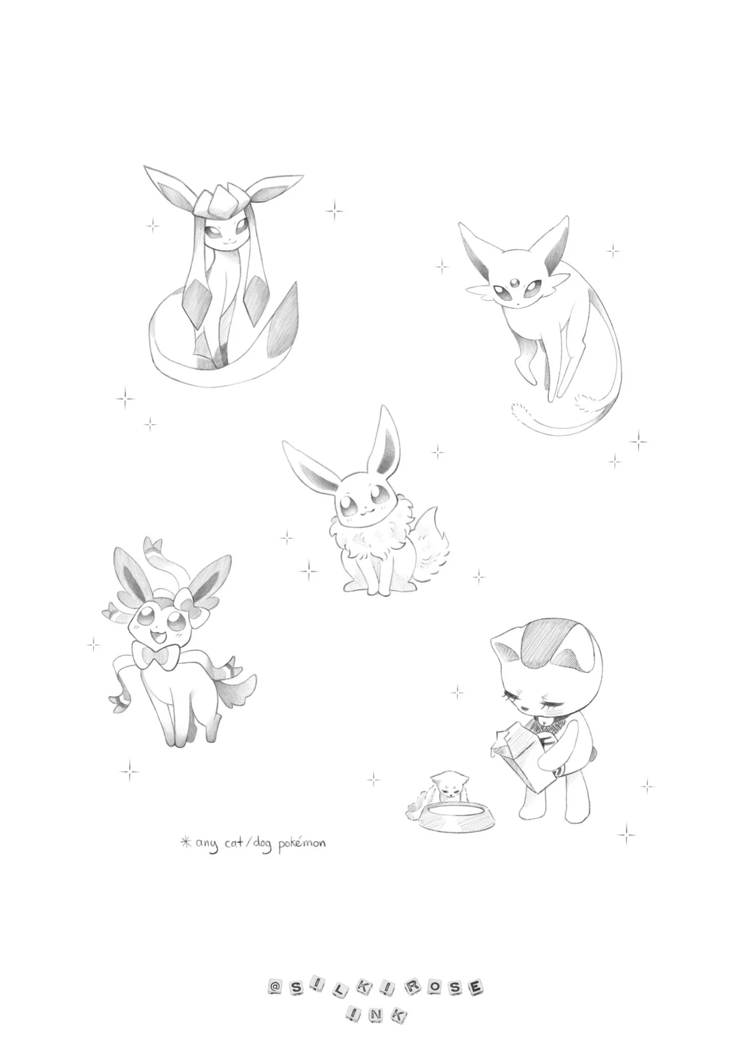 Black and white illustration of various Pokémon characters, including Leafeon, Espeon, Sylveon, Flareon, and a person reading a book with a small dog by their side, surrounded by tiny stars.