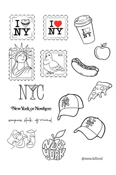 Collection of New York-themed doodles and stickers, including NYC stamps, a coffee cup, apple, Statue of Liberty, pigeon, hot dog, NYC logo, baseball cap, and various text and decorative designs.