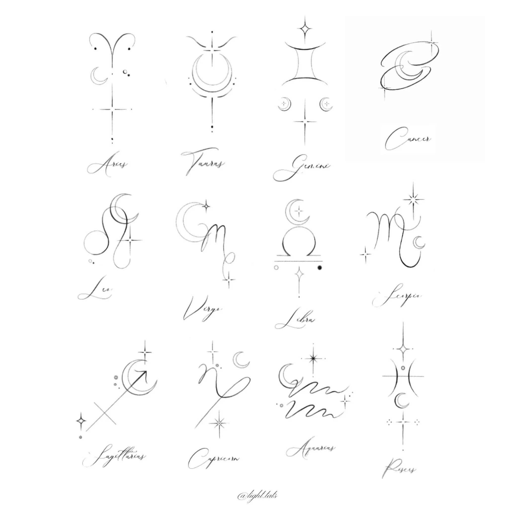 Tattoo designs of the twelve zodiac signs with their names written in cursive underneath. The signs are Aries, Taurus, Gemini, Cancer, Leo, Virgo, Libra, Scorpio, Sagittarius, Capricorn, Aquarius, and Pisces, arranged in a grid pattern.