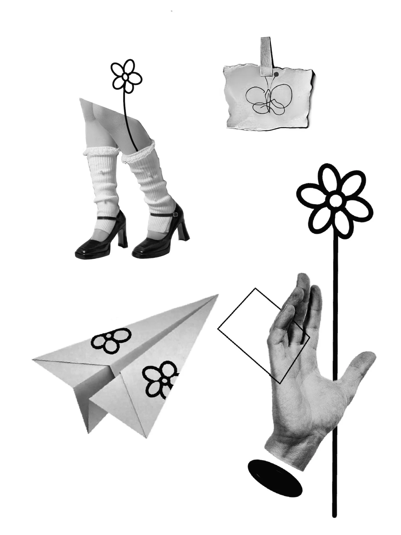 Collage of black-and-white illustrations including a paper plane, a hand holding a drawn flower, a pair of high-heeled shoes with socks, a torn paper with a butterfly drawing, and simple flowers with black centers.