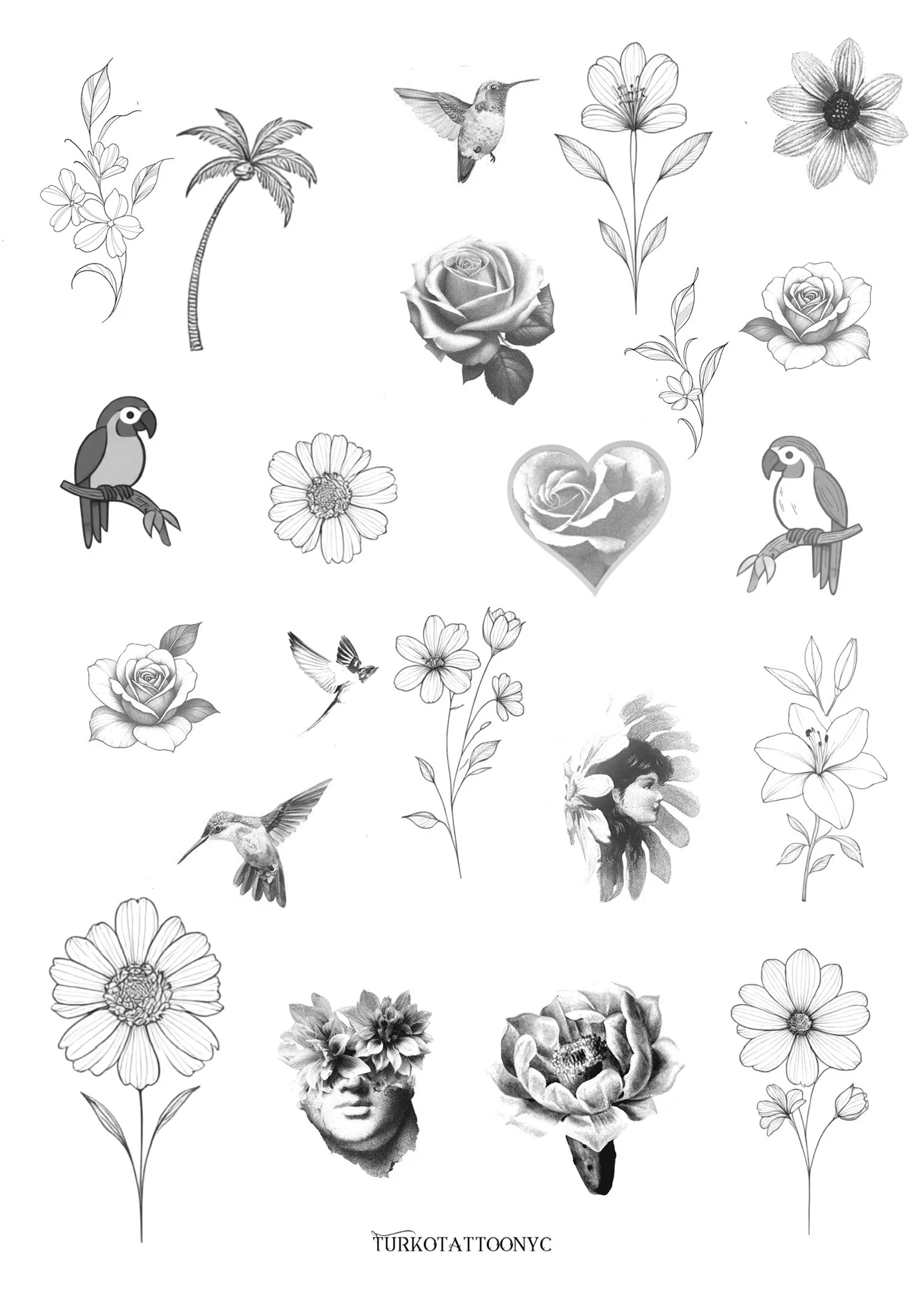 A collection of black- and-white tattoo-style illustrations including flowers, hummingbirds, toucans, a woman's profile, a heart, and a face with flower petals covering her eyes, arranged on a white background.