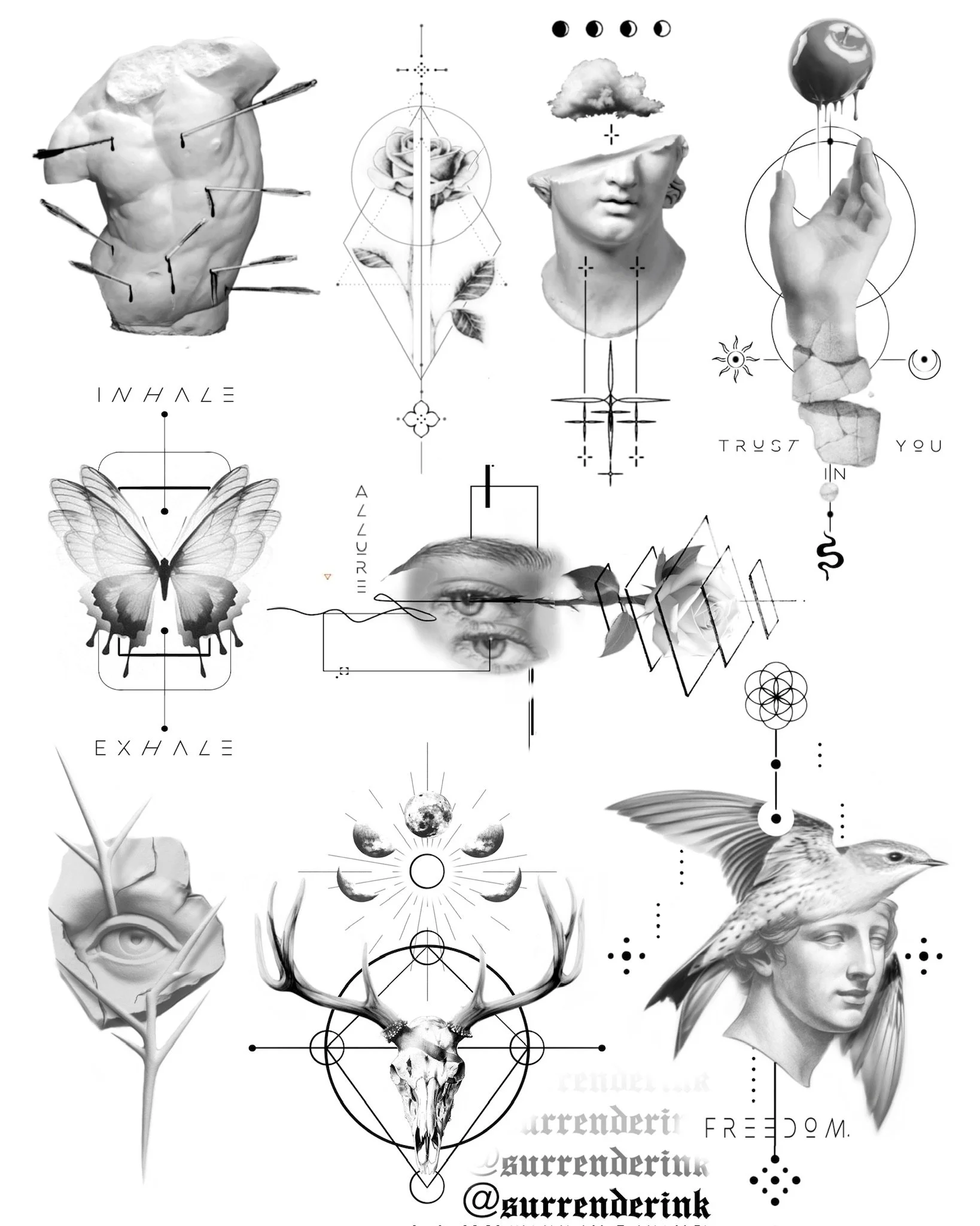 A collage of surreal and abstract black-and-white images including sculptures, a butterfly, a human eye with an eye inside it, a bird in flight, a deer skull with antlers, and various geometric and symbolic elements with words like 'inhale,' 'exhale,