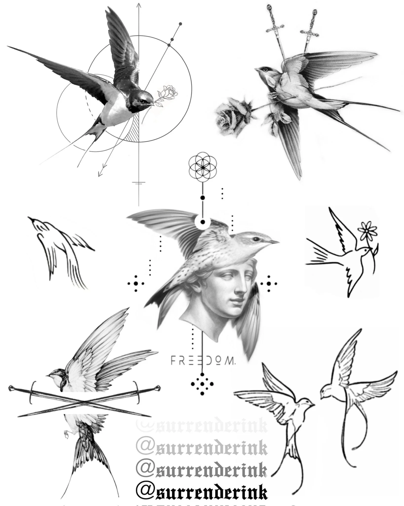 Black and white collage featuring various stylized and realistic illustrations of birds, some holding flowers or swords, arranged around a central classical sculpture of a woman's head with a bird on her shoulder. The collage includes geometric patte