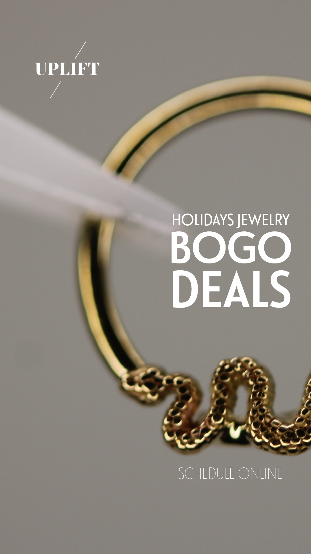 Close-up of gold jewelry with overlay text promoting holiday jewelry BOGO deals, with options to schedule online.