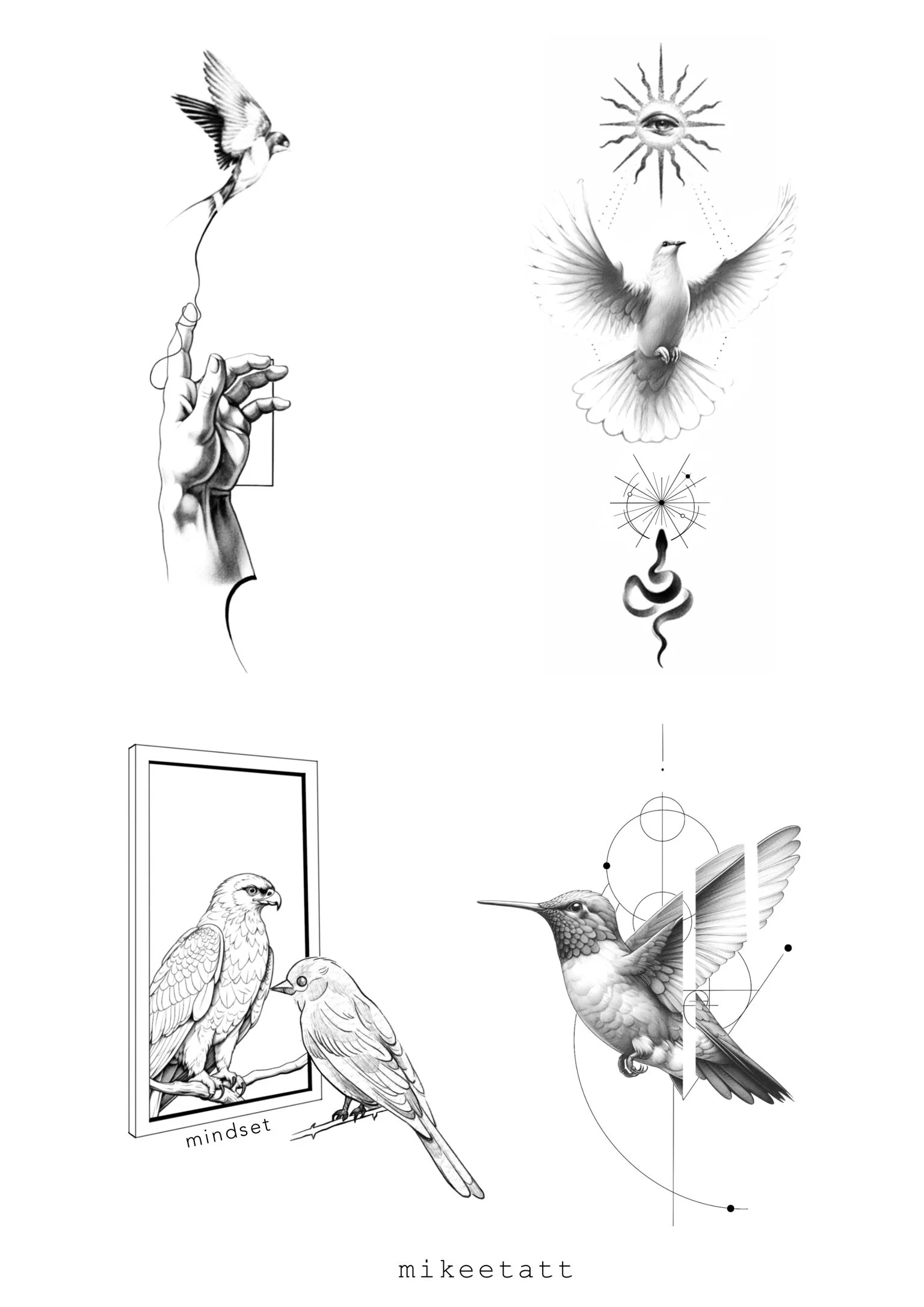 Black and white artistic illustrations of birds, a hand holding a bird, and geometric designs. Bottom text reads 'mindset' and 'mikeett'.