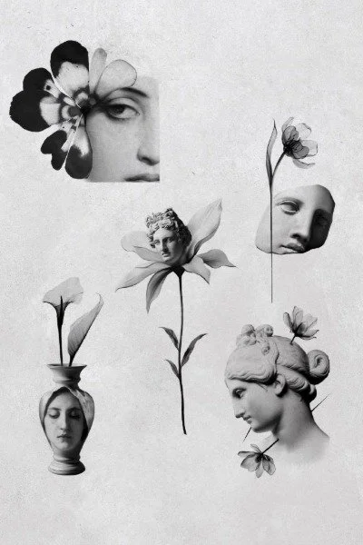 Black and white collage of flowers and disembodied faces with artistic and surreal elements.
