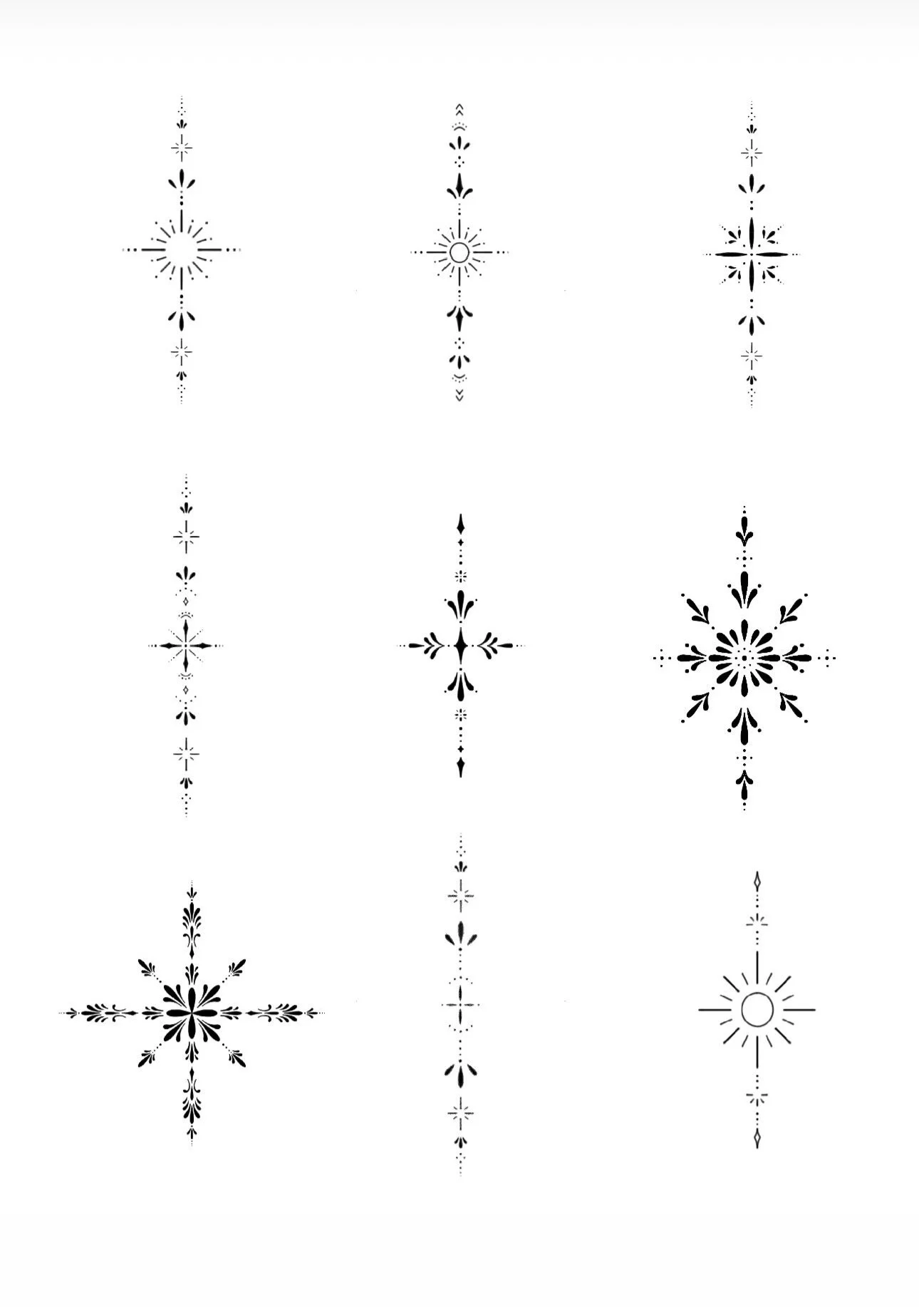 Six black snowflake designs arranged vertically on a white background.