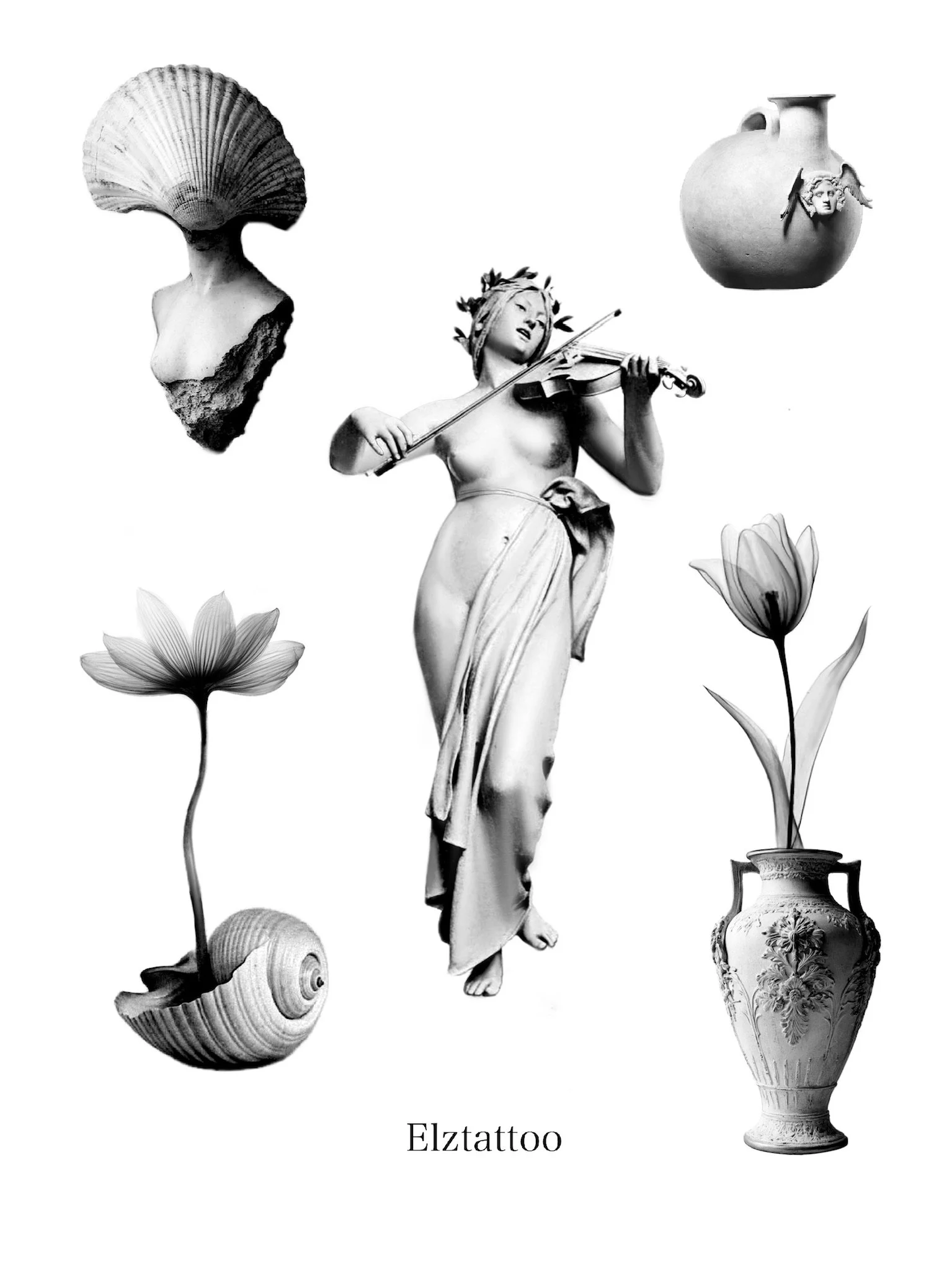 Collage of classical-style sculptures and objects: a bust with a seashell as a head, a statue of a woman playing a violin with a flower crown, a Greek vase with a face and wing details, two flowers in vases, and a seashell, all in black and white.