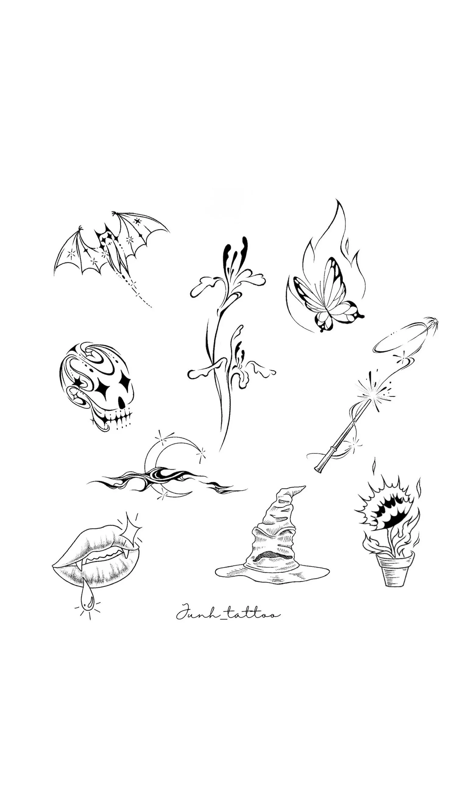 Collection of black and white tattoo designs including a bat, skull, lily flower, butterfly, magic wand, lips with a drop of sweat, witch's hat, and a potted flower with flames.