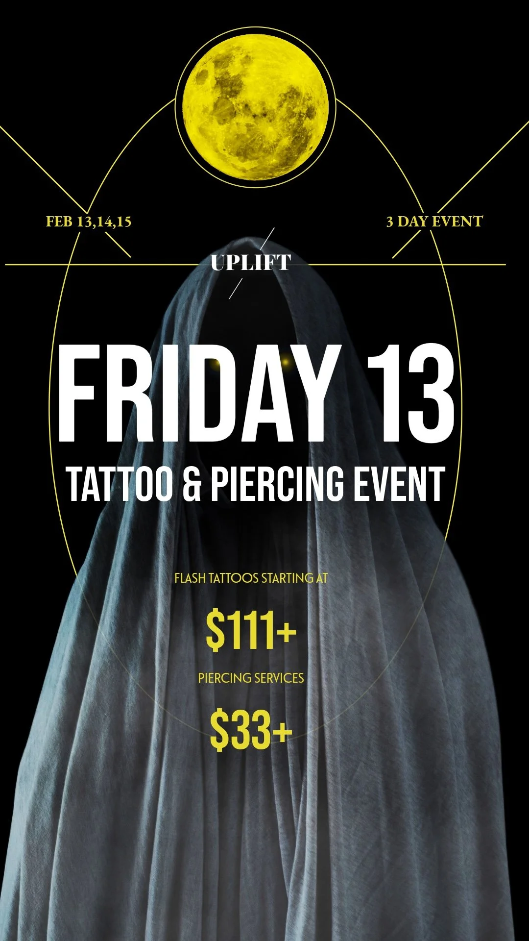 Promotional poster for a tattoo and piercing event on Friday the 13th, featuring a ghostly figure under the moon with event details and prices for tattoo and piercing services.