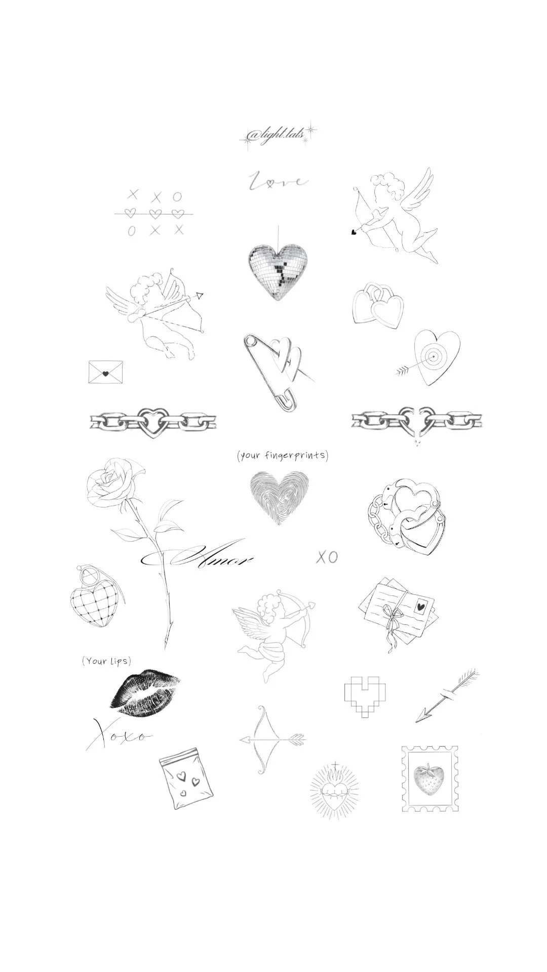 Collection of romantic and love-themed sketches including cherubs, hearts, love notes, a rose, lips, and love-related words like "love", "amour", and "xoxo".