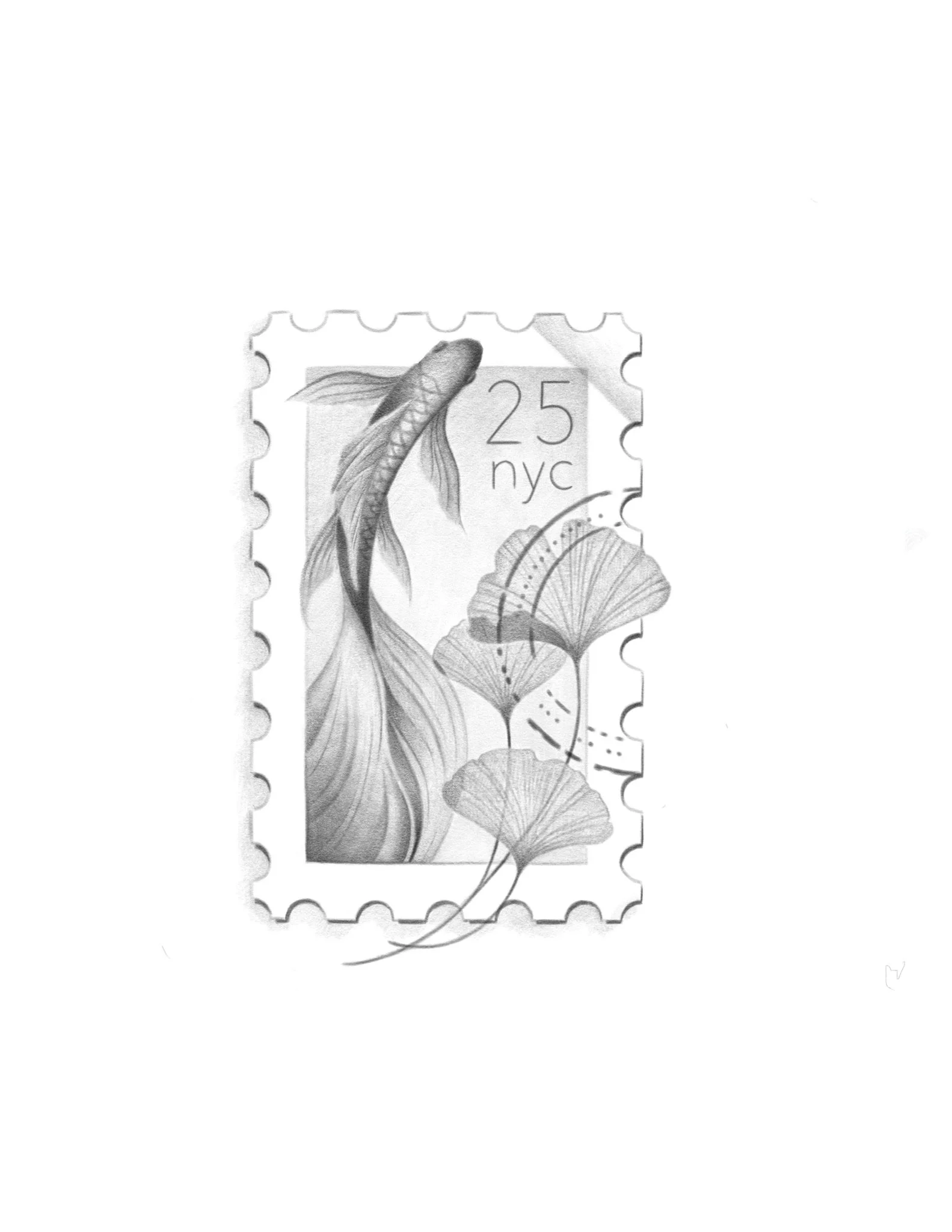 A black and white illustrated postage stamp featuring a fish, with the denomination '25 nyc' and decorative leaves or ginkgo leaves.