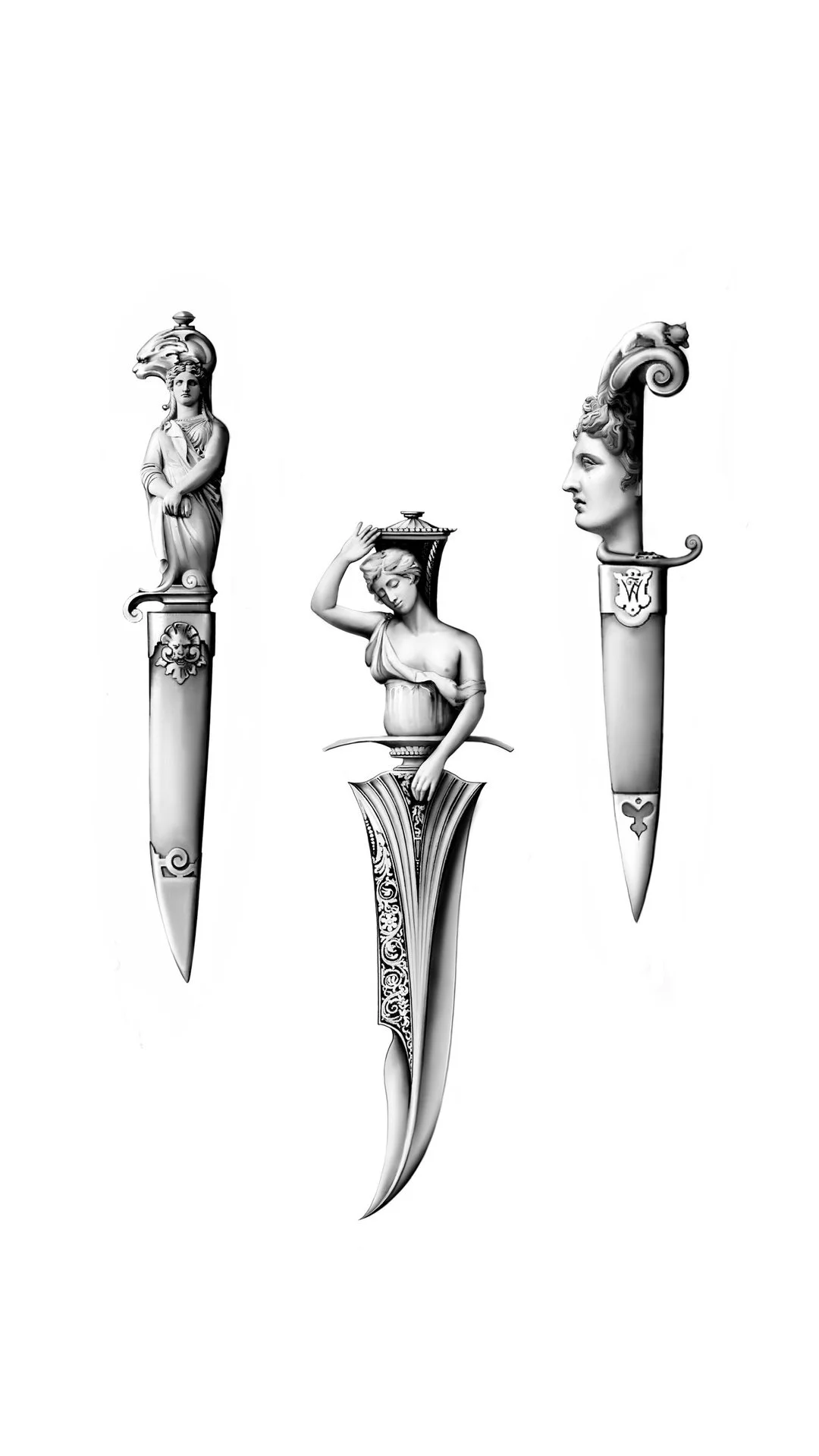 Three decorative knives with classical sculpture handles, featuring female figures and mythological motifs, arranged vertically against a white background.