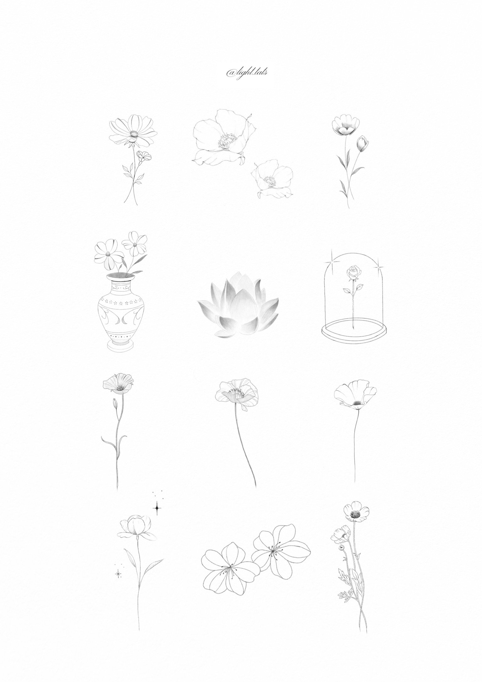 Collection of minimalist black and white line drawings of various flowers, including roses, poppies, and daisies, arranged in a grid pattern.