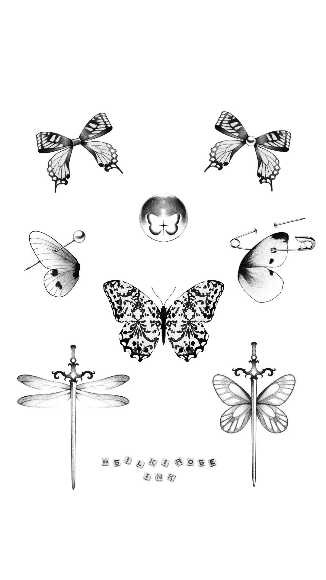 Black and white illustration of various butterflies and swords, arranged symmetrically, with the phrase '@SULKIROSEINK' in lettered tiles at the bottom.