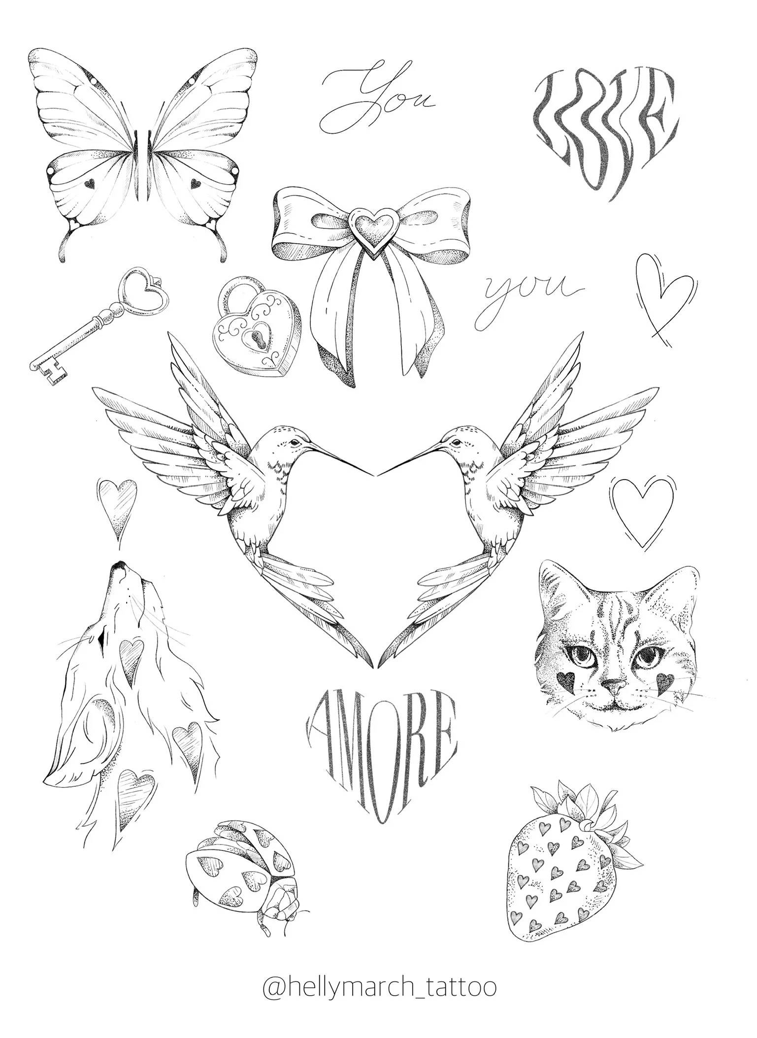 A collection of black and white tattoo designs including butterflies, hearts, a key, a bow, a hummingbird with a heart shape, a cat face with hearts on its cheeks, a leaf with hearts, a ladybug with hearts, and a strawberry with hearts. The words "Yo
