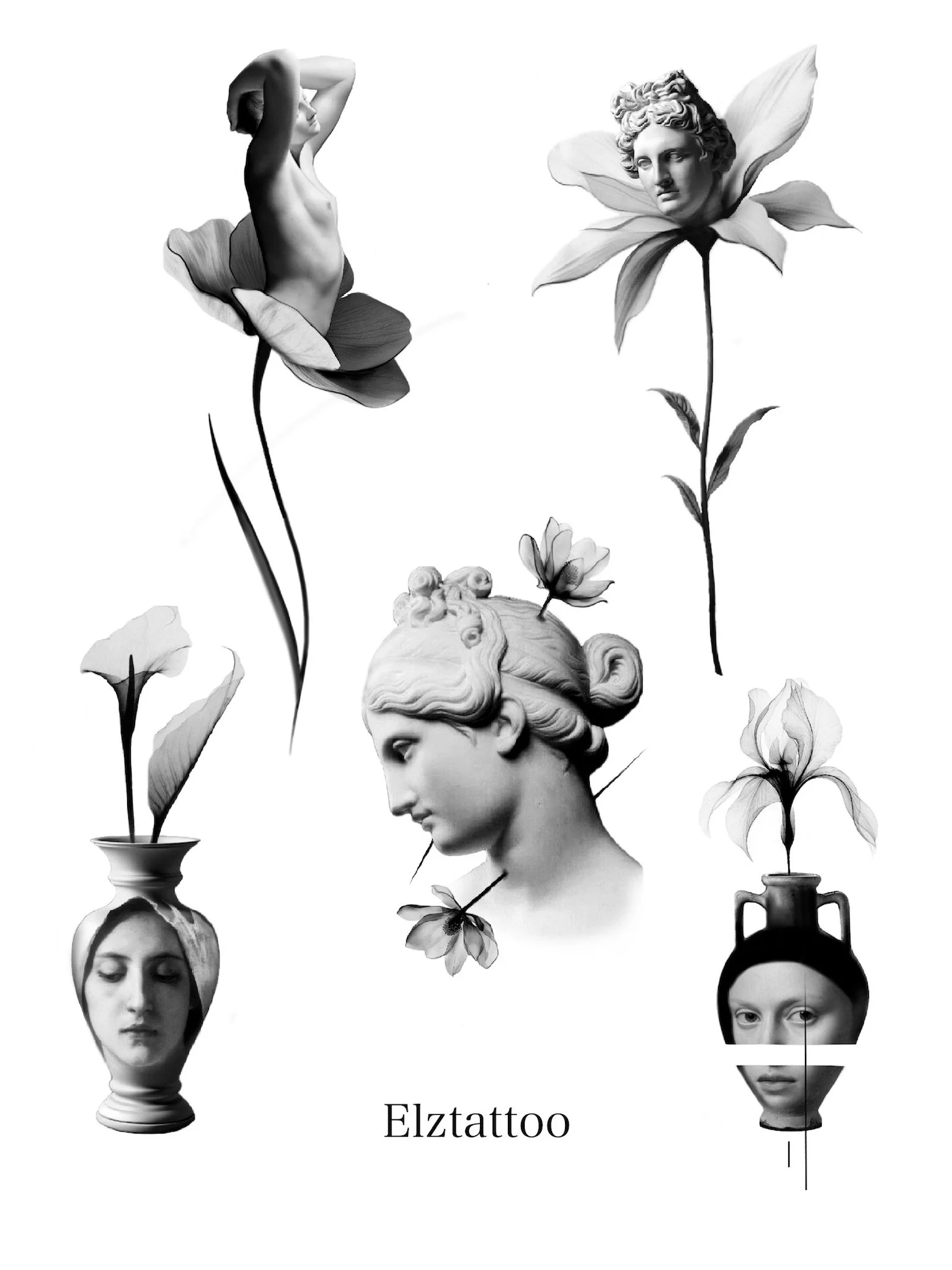 Black and white collage of classical sculptures and vases with flowers, with the word 'Elztattoo' at the bottom.