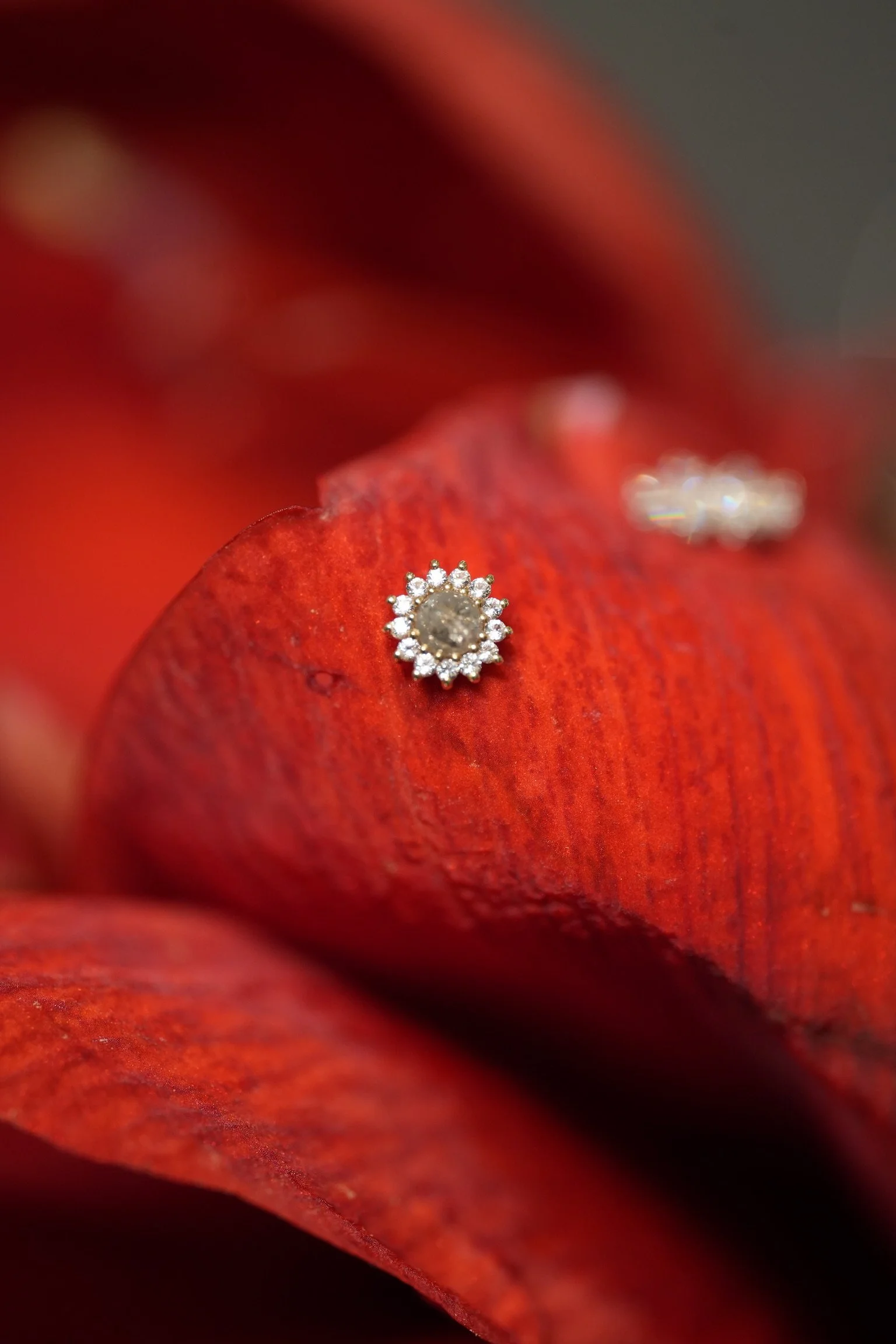 Close-up of a small jewelry earring with a central dark stone surrounded by small white stones, resting on a red leaf.