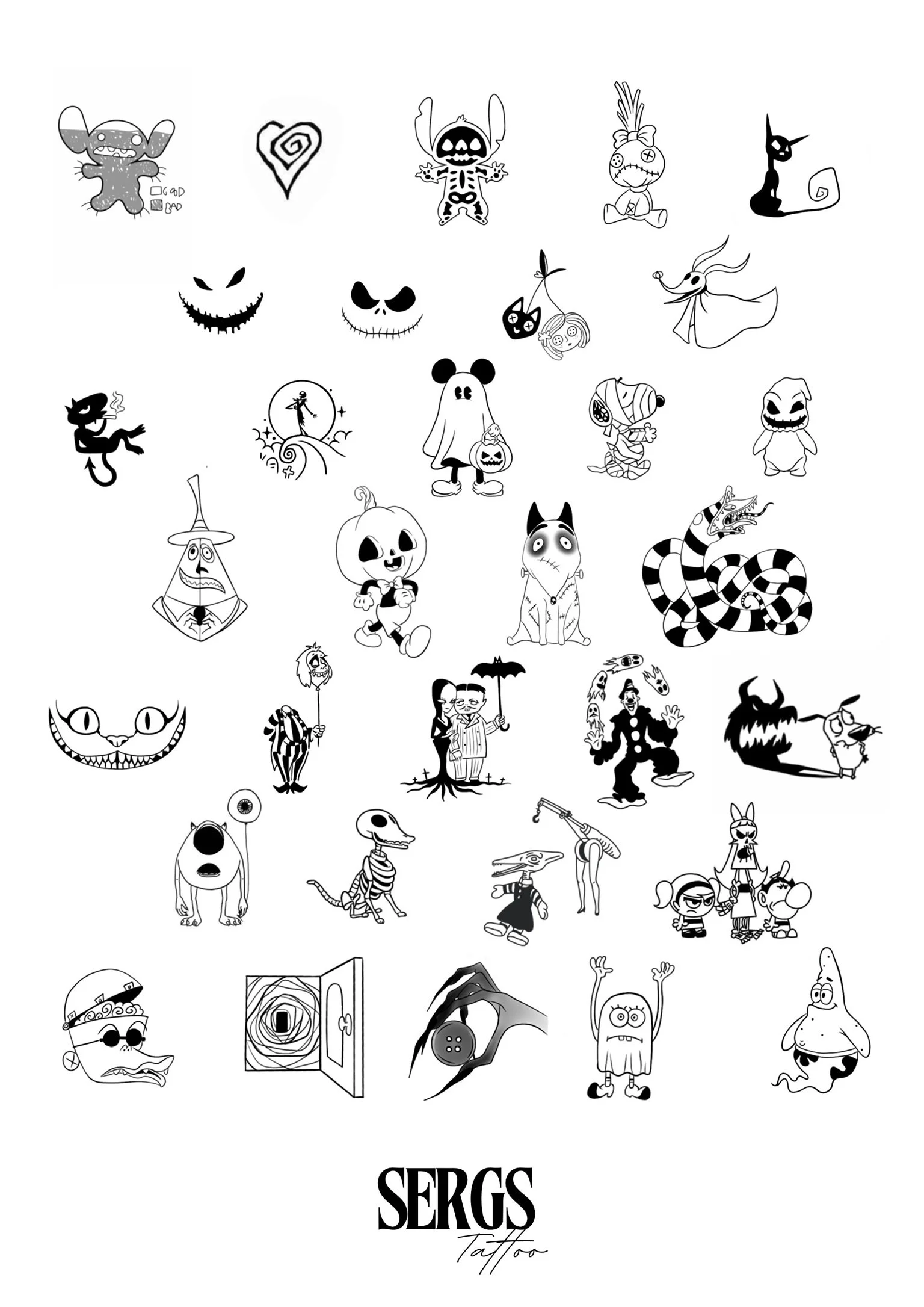 A collection of black and white cartoon-style Halloween-themed characters and creatures, including ghosts, pumpkins, monsters, witches, cats, and other spooky figures, with the text 'SERGS Tattoo' at the bottom.