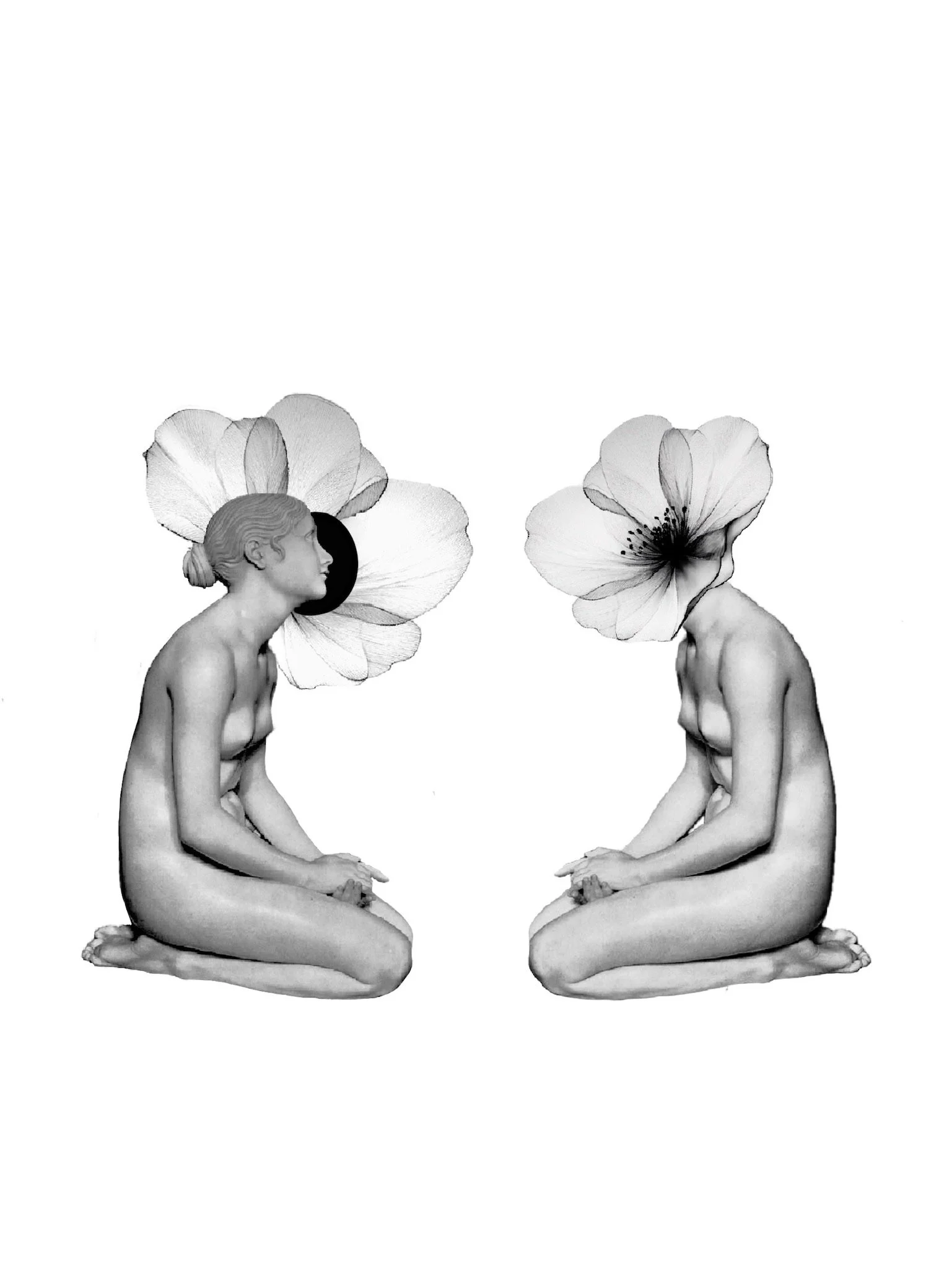 Two kneeling naked women with flower petals as heads, facing each other, black and white photo.