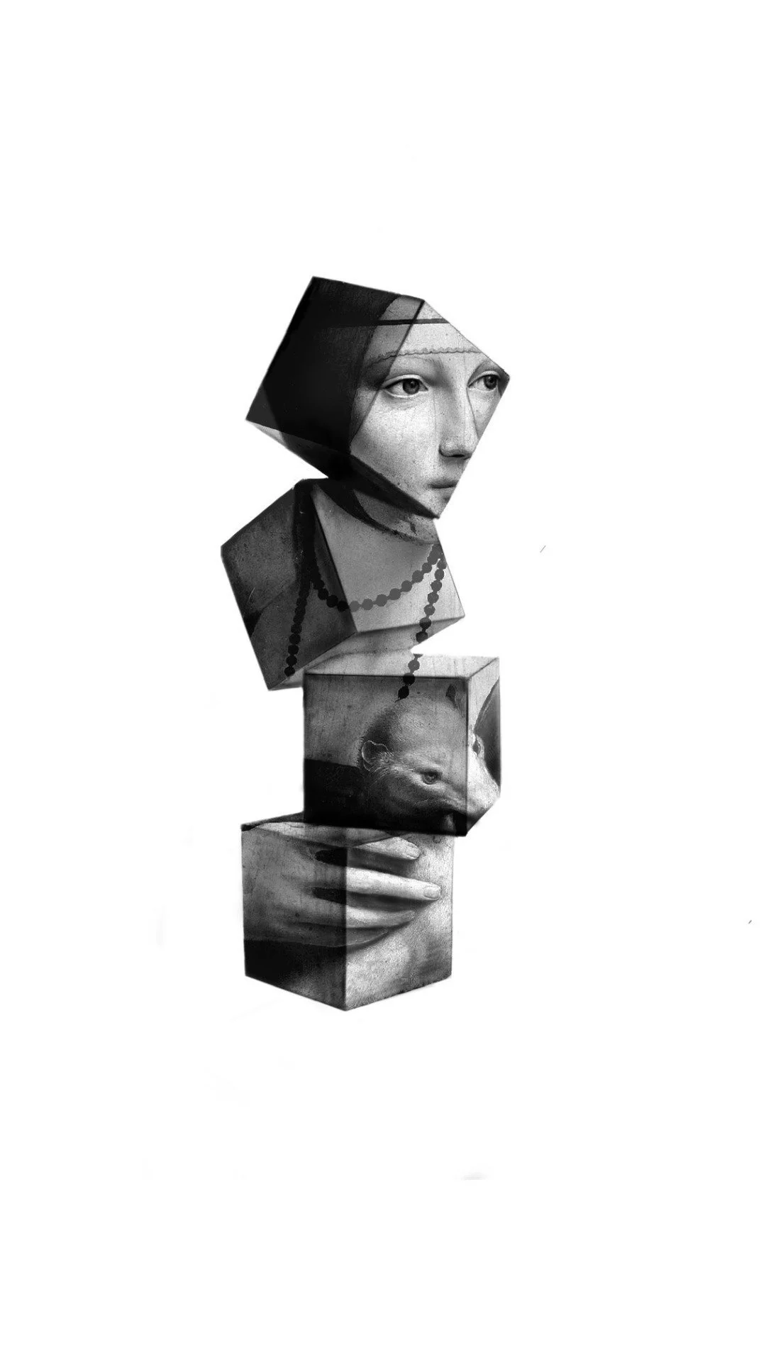 Black and white photo of a stacked columns with different images and faces, including a woman’s face, a hand holding an animal, and texts or patterns, arranged in geometric shapes.