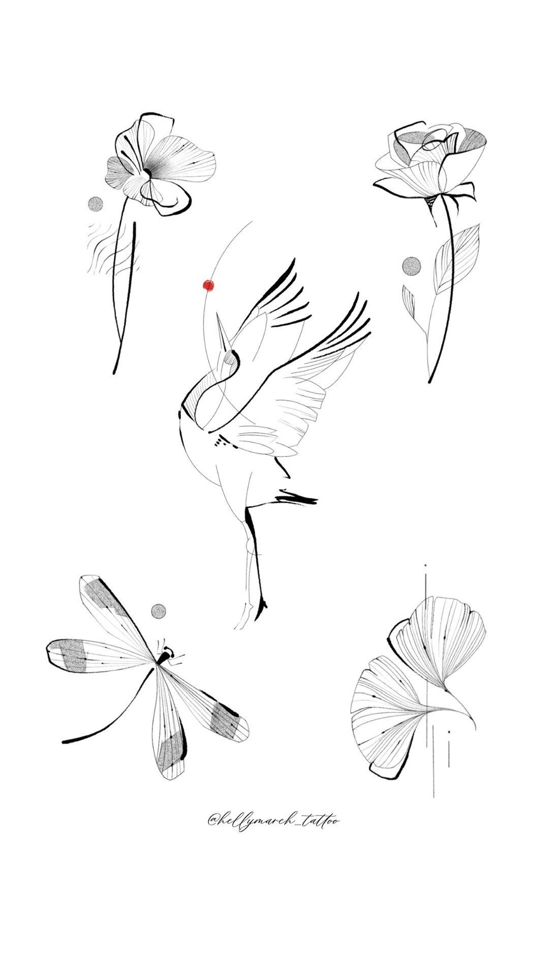 Line drawing tattoo design featuring a crane, butterflies, and flowers with the handle '@hellygmarc_tattoo' at the bottom.