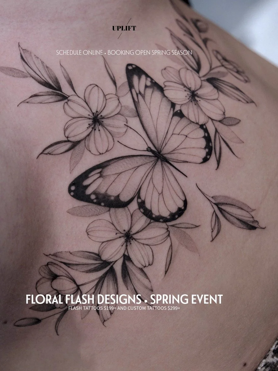 Tattoo design of a butterfly surrounded by flowers and leaves, uploaded for promotion of floral flash tattoo event.