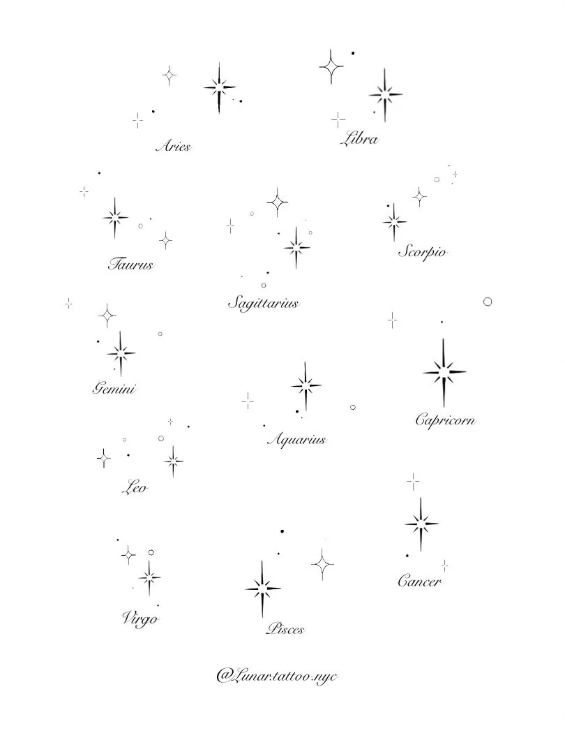 A black and white diagram of the twelve zodiac signs with star illustrations, including Aries, Libra, Taurus, Sagittarius, Scorpio, Gemini, Capricorn, Leo, Aquarius, Virgo, Pisces, and Cancer, attributed to @Zunar.tattoo.nyc.