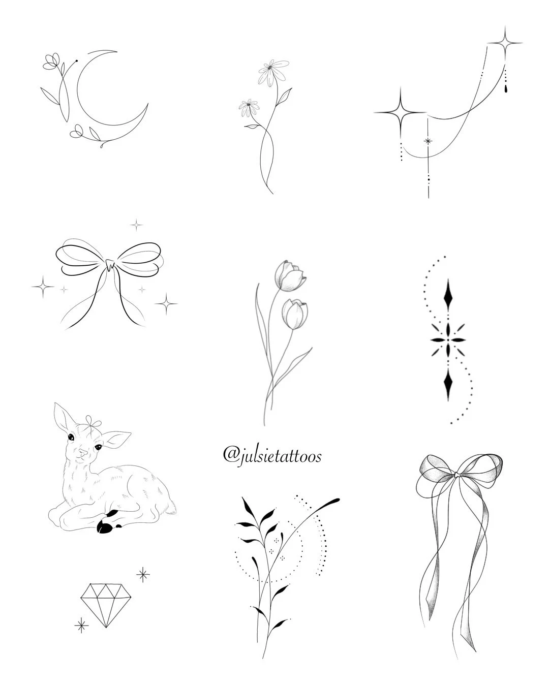 Collection of eleven black and white minimalist tattoo designs, including a crescent moon with leaves, daisy flowers, stars, sparkles, a butterfly, tulips, an deers, geometric shapes, and bows. The designs are delicate and line-drawn, with the Instag