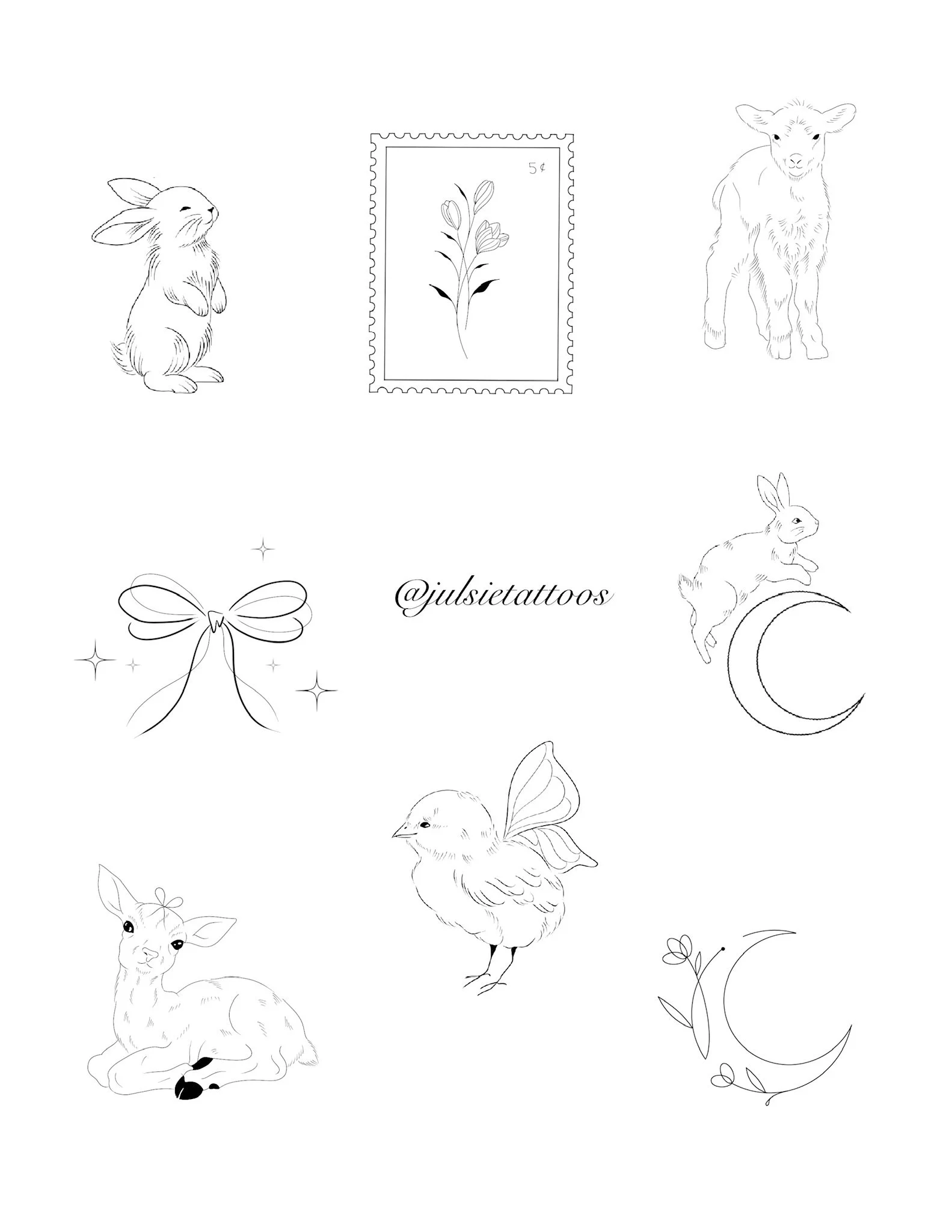 Collection of line art drawings of various animals and celestial symbols, including a rabbit, a chick, a deer, a fairy-like insect, a butterfly, a moon with floral details, and a plant stamp with leaves, along with the Instagram handle '@julsietattoo