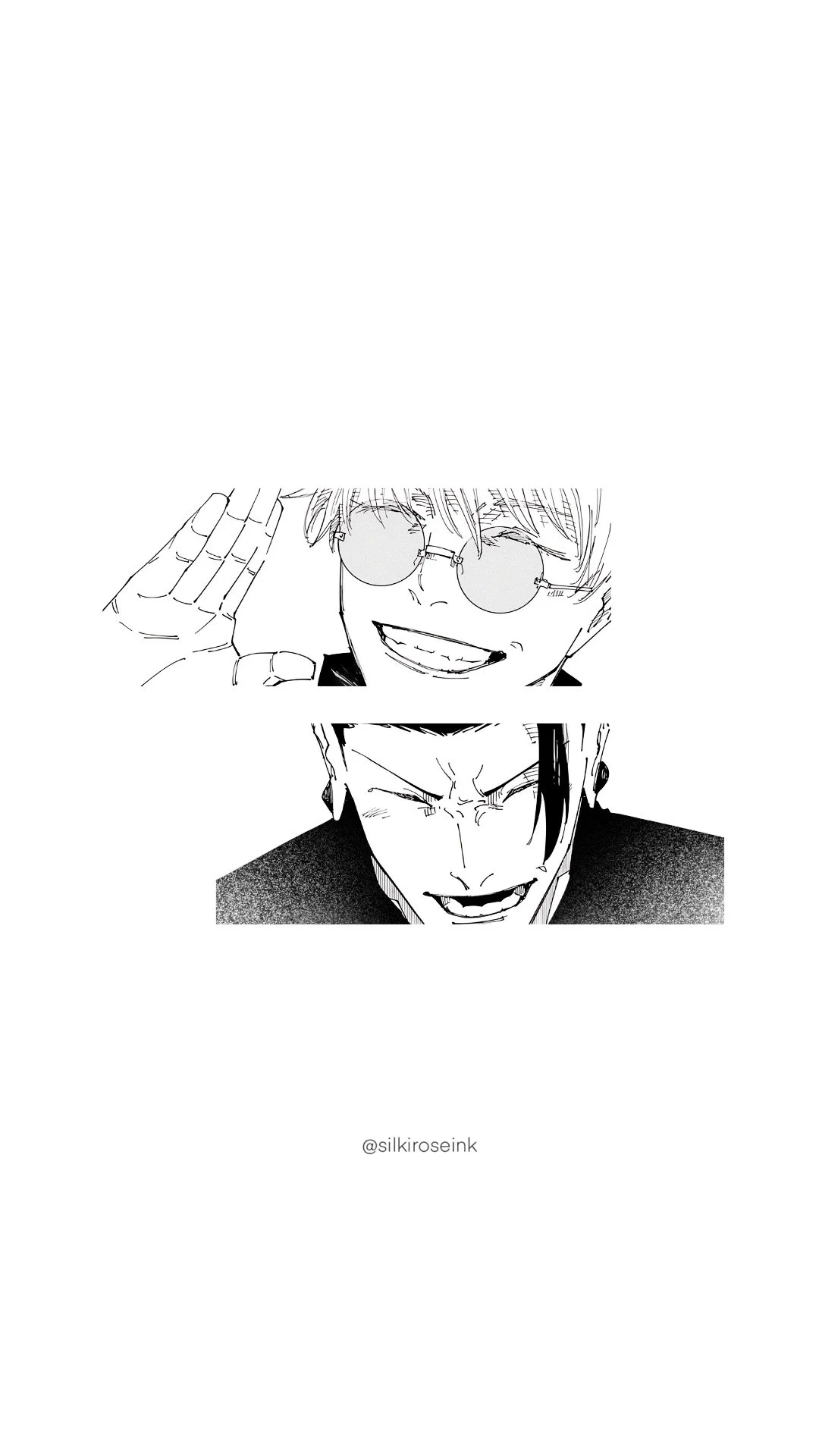 Black and white manga-style drawing of two smiling men; the top man has glasses and is raising his hand, the bottom man has slicked back hair and wears a confident expression. @silkiroseink is written at the bottom.