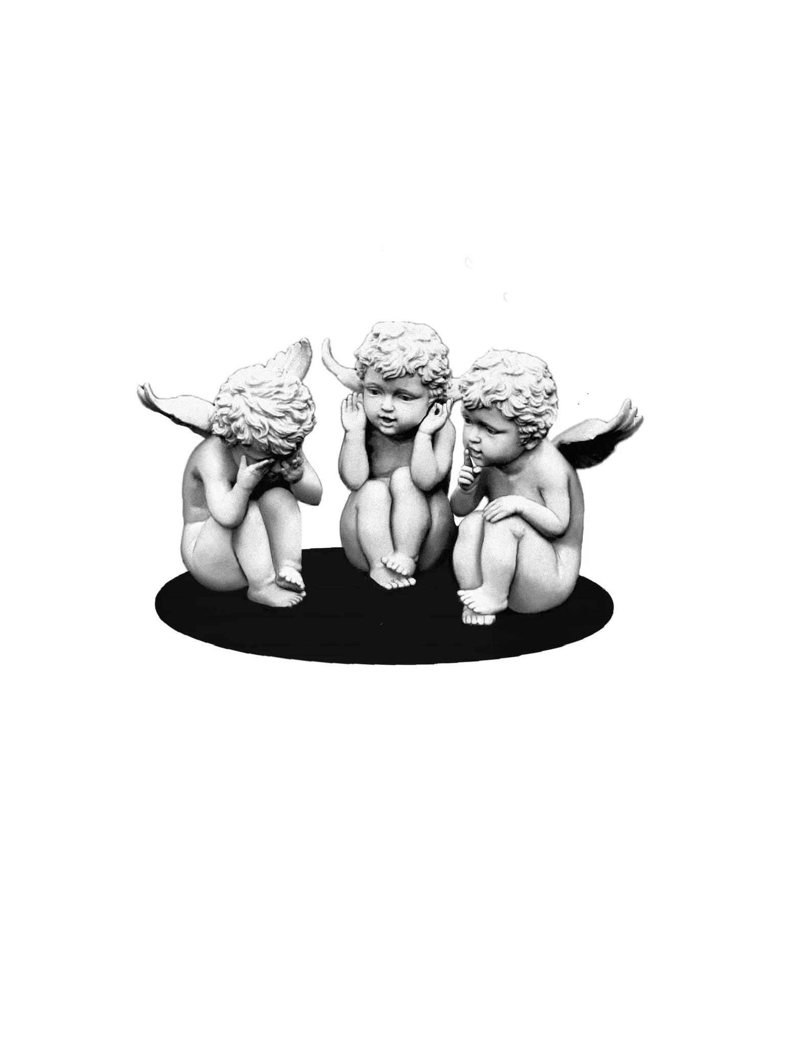 Three small angel figurines sitting on a black base, each with curly hair, wings, and horns, engaged in thoughtful conversation.