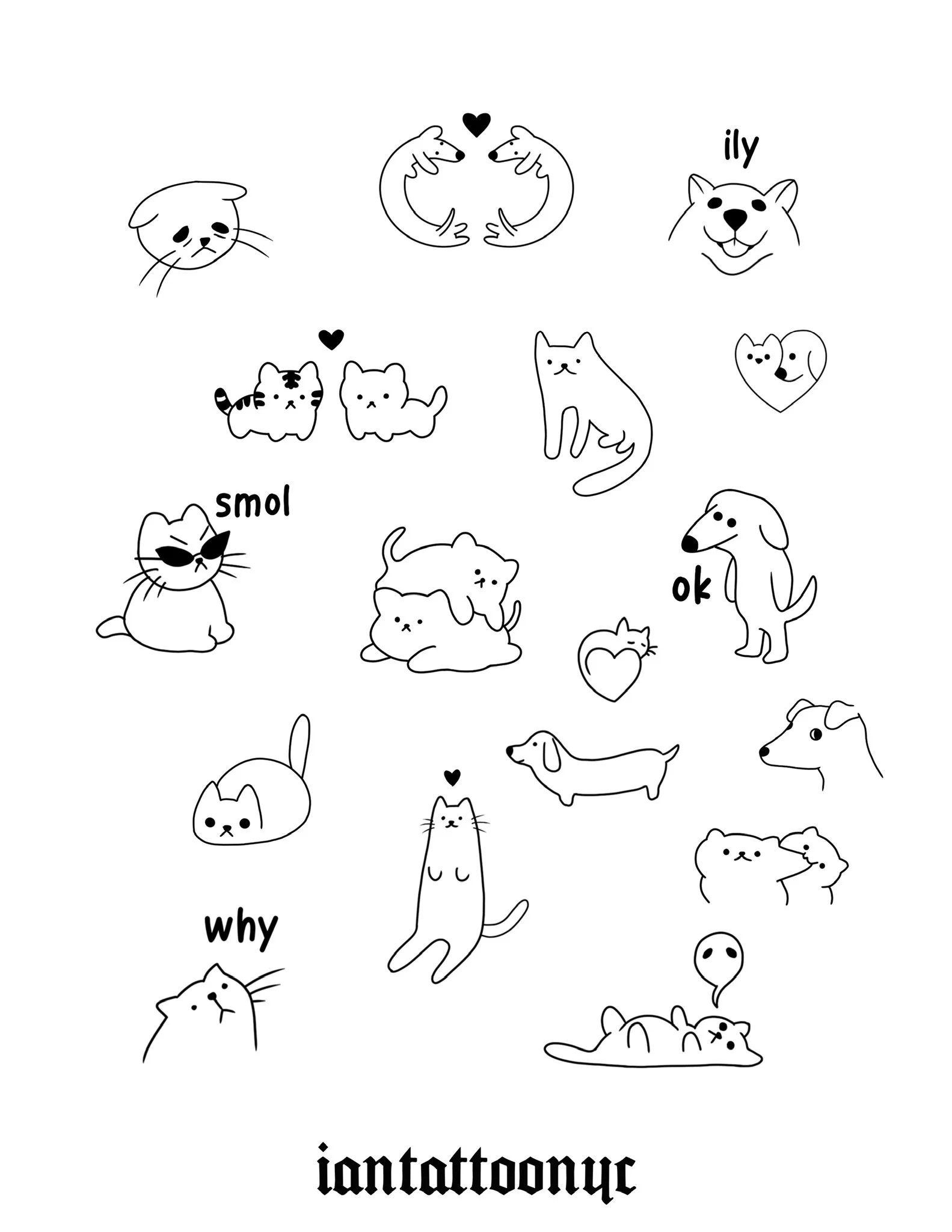 Collection of various drawn cats, dogs, and mice with words like 'ily', 'smol', 'ok', and 'why', and small hearts and emotive expressions, all in black and white line art style.