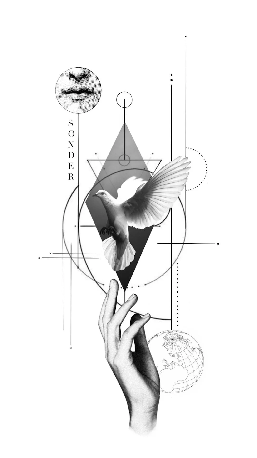 Black and white digital illustration of a hand holding a paintbrush, with a dove flying above it. Geometric shapes, lines, and a partial globe in the background. The word "Sonder" vertically aligned on the left side.