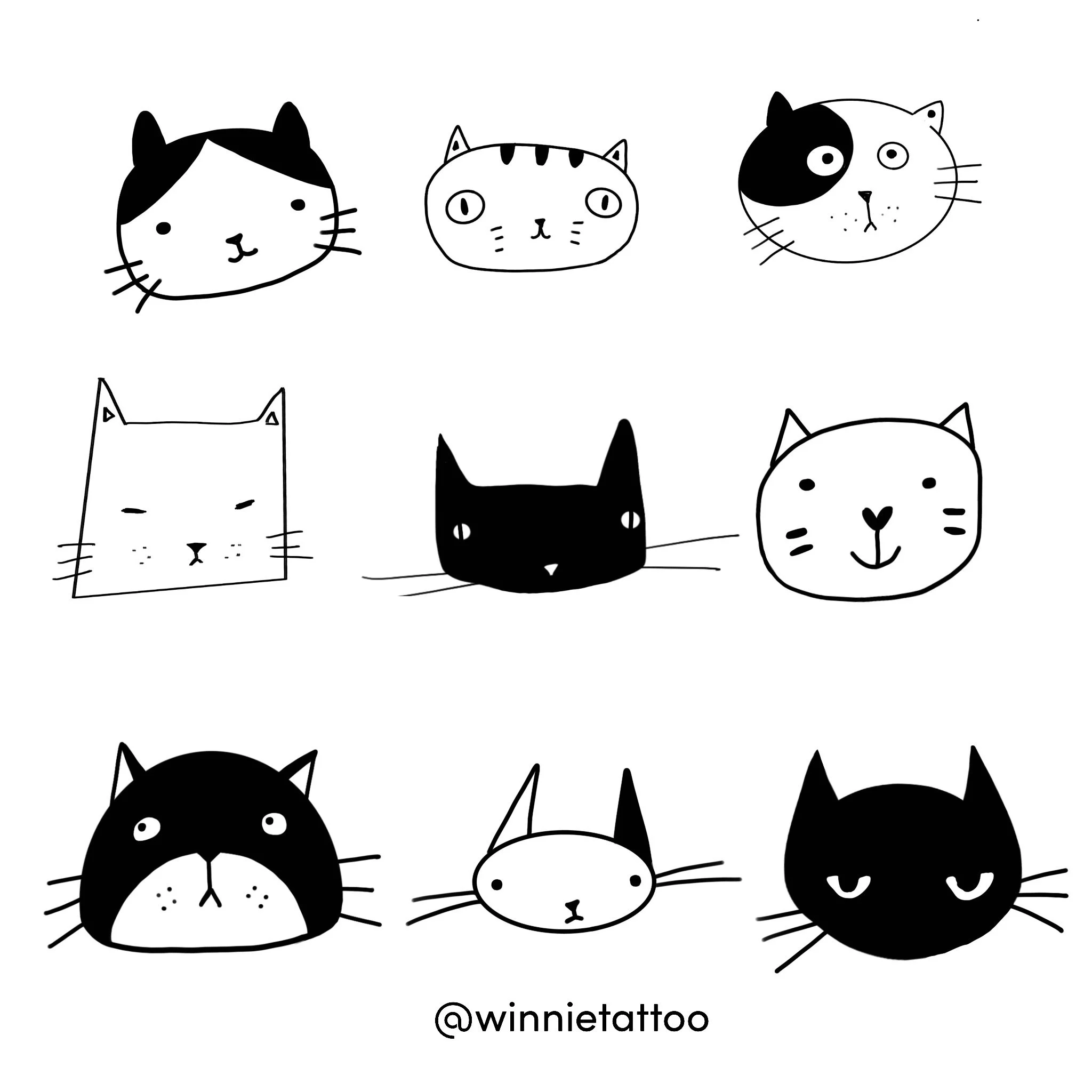 A collection of nine black and white cartoon cat faces with various expressions and markings, arranged in a 3x3 grid, attributed to @winnietattoo.