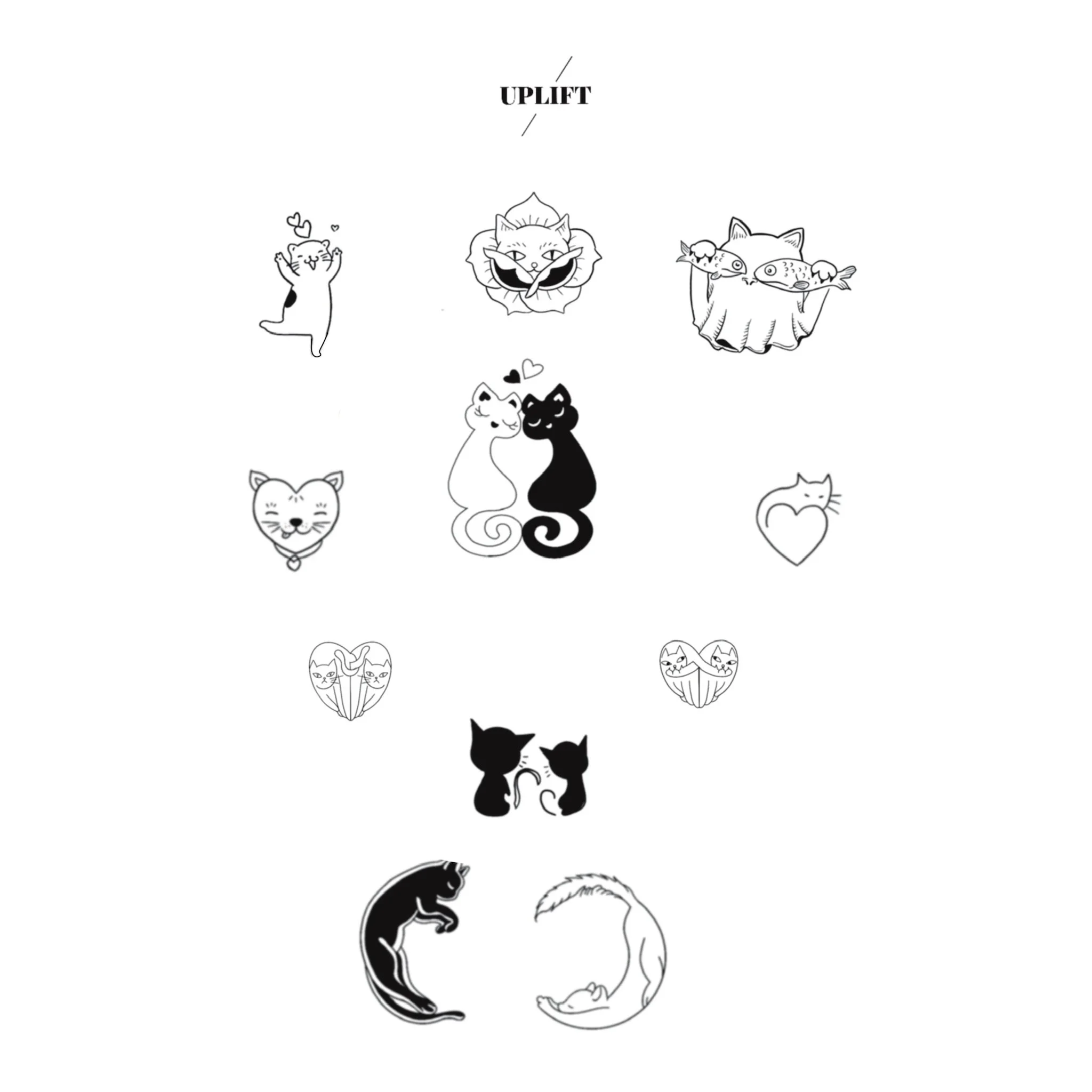 A collection of black and white illustrated cats in various poses, with some cats showing affection through kissing and others playful. The image features cats with different facial expressions and styles, with the word 'UPLIFT' at the top.