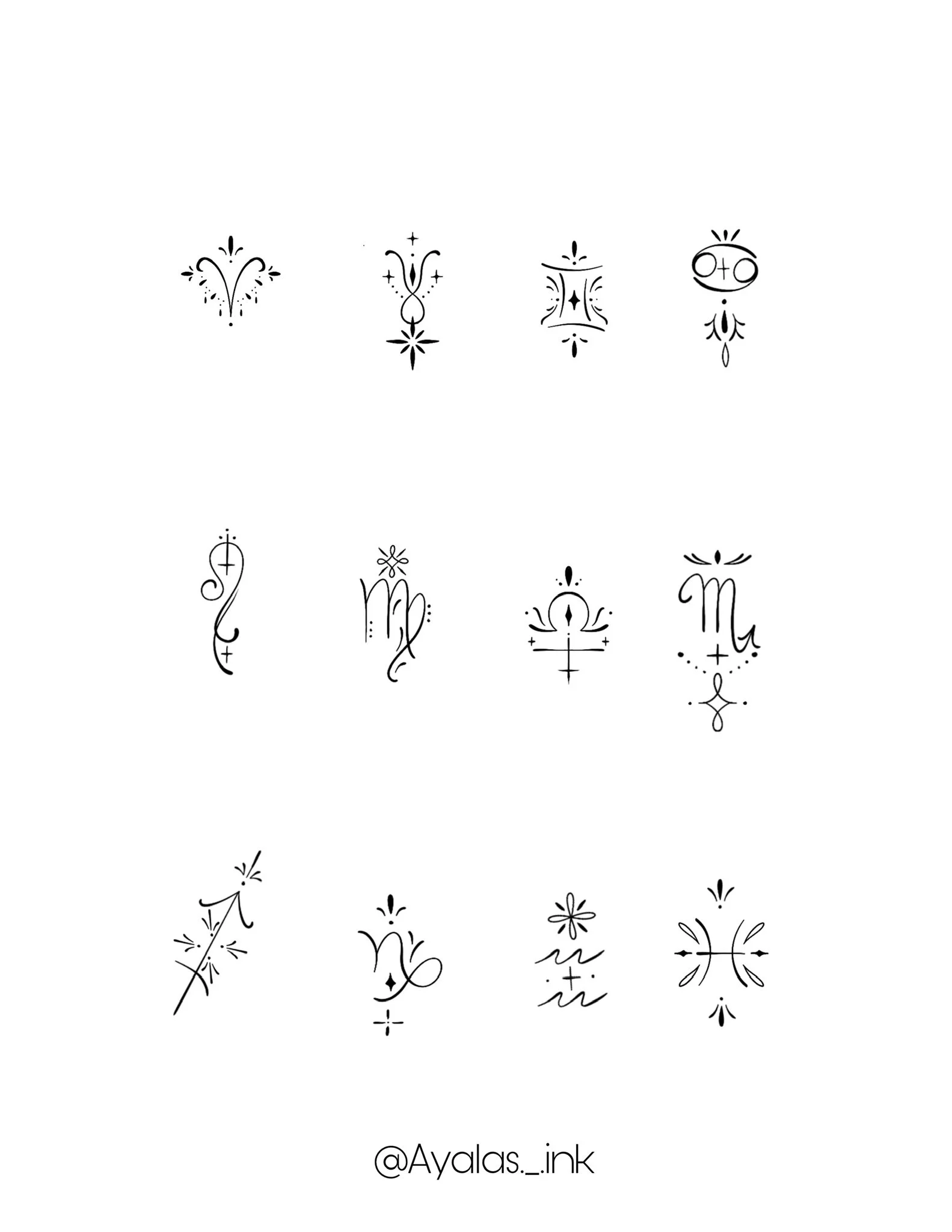 A collection of 12 black decorative tattoo-style symbols arranged in three rows of four, with the artist's Instagram handle '@Ayalas._.ink' at the bottom.