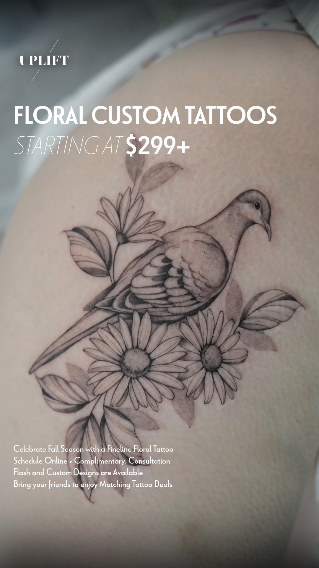 A tattoo of a bird perched on a branch with flowers and leaves, done in fine line floral style.