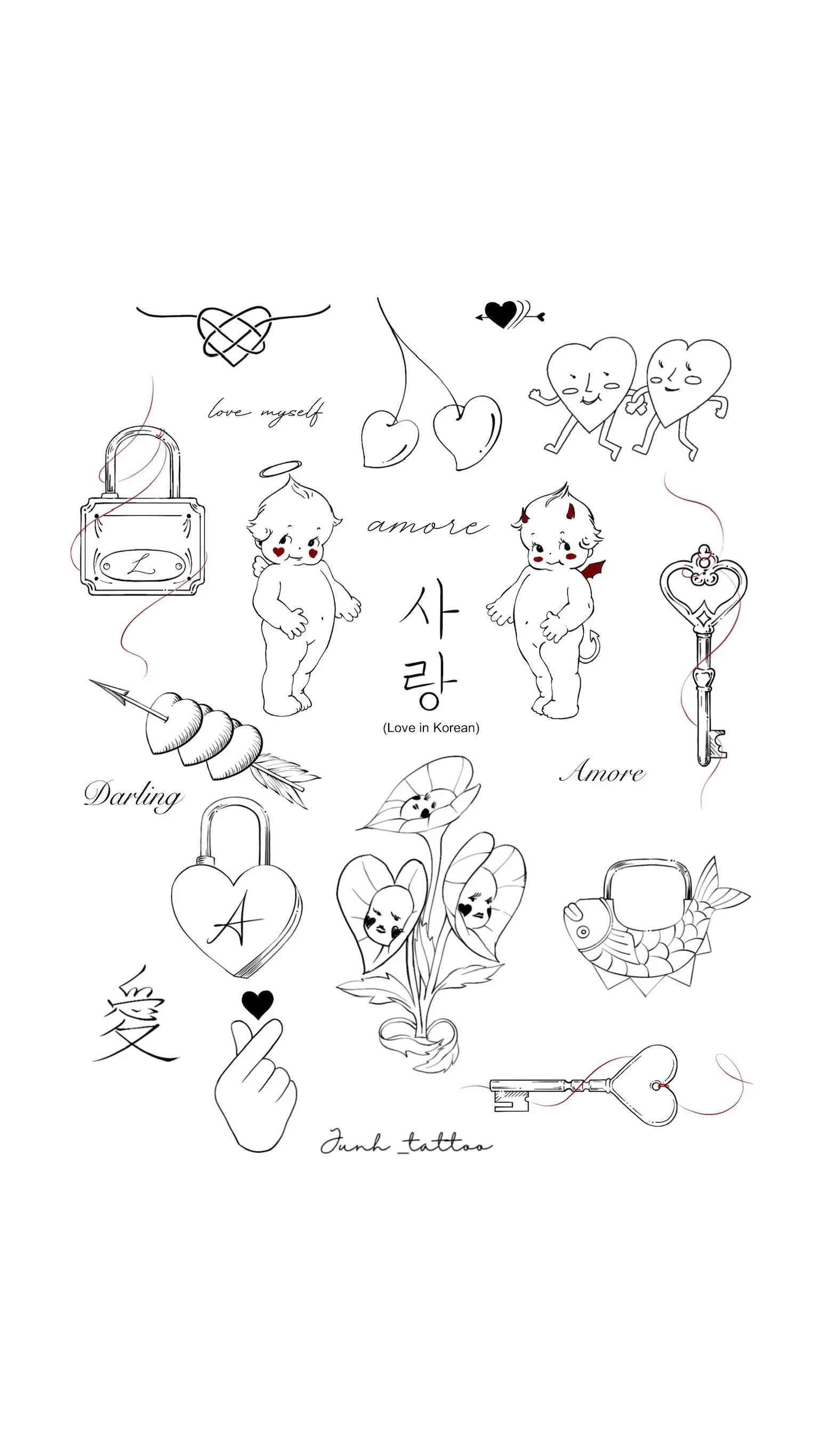 A collection of black and white tattoo sketches with love-themed images including hearts, a lock and key, cherubs, a fish in a bag, a tree with faces, a hand making a finger heart, and various words like "love myself," "amore," "darling," and "Junk_t