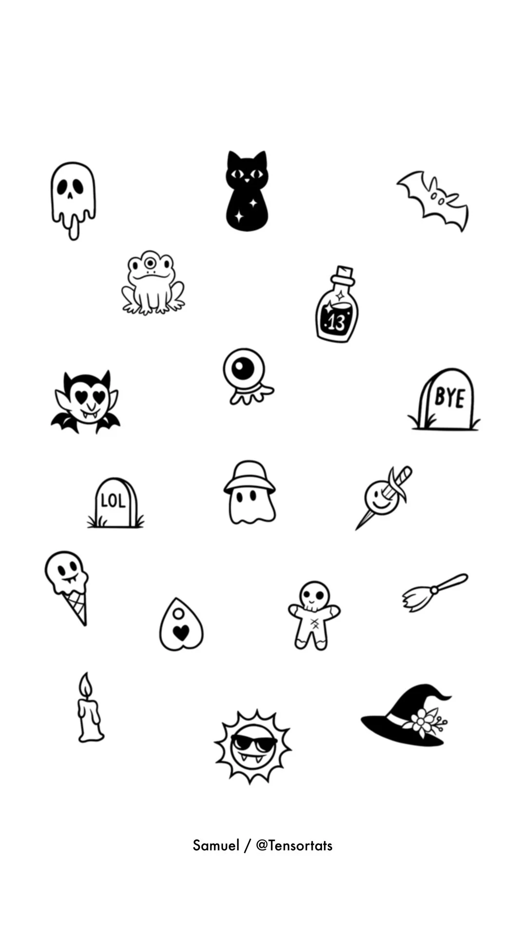 Collection of black and white Halloween-themed cartoon doodles, including a skull, black cat, bat, potion bottle, gravestones, a ghost, a monster, a witch's hat, a candle, a smiling sun with sunglasses, a vampire, a broomstick, a spider, a skeleton, 