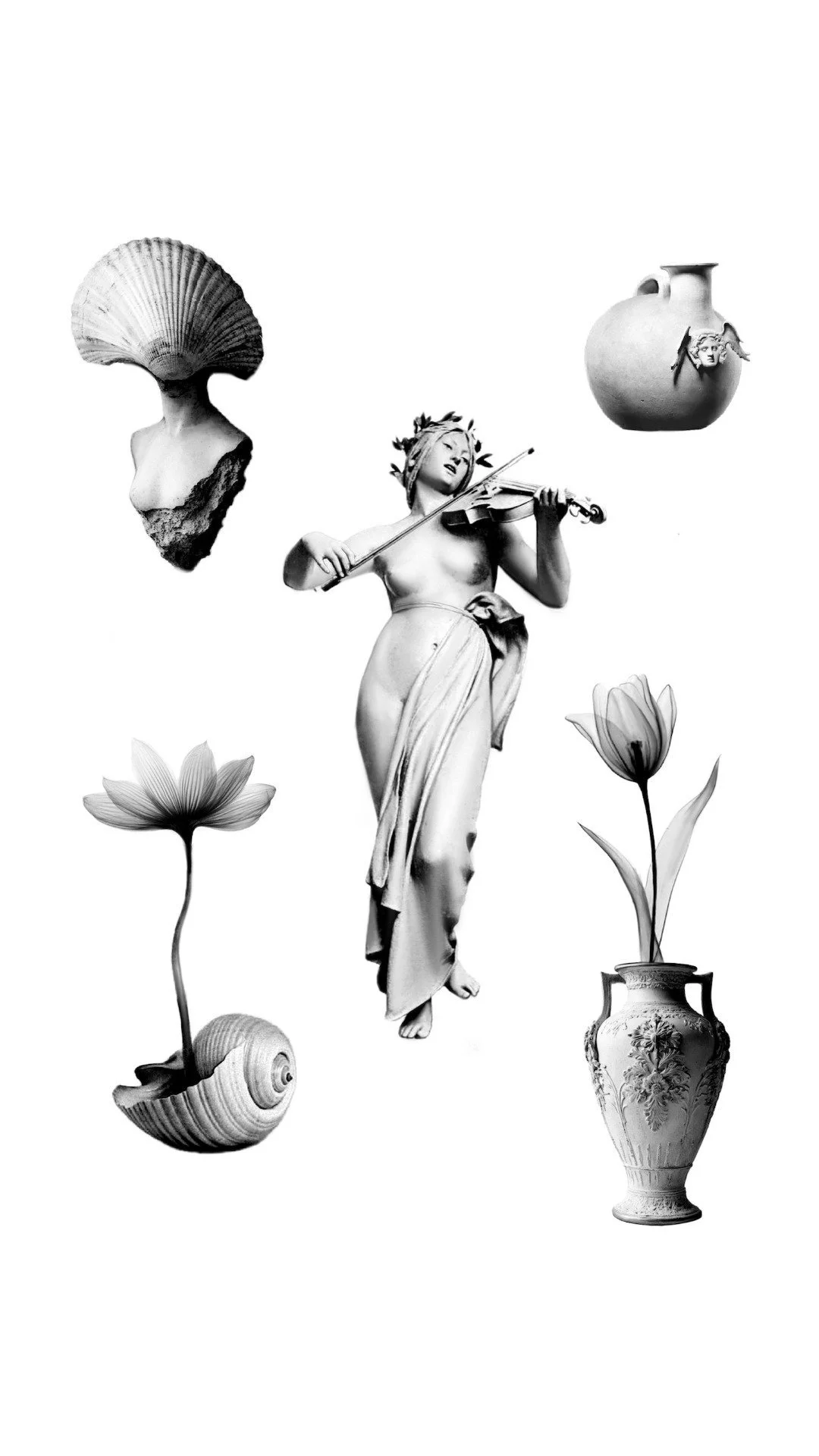 Black and white collage of sculptures and flowers, featuring a statue of a woman playing a violin, a bust with a shell as a hat, a round vase with a face and wing decoration, two flowers in vases, a seashell, and a shell-shaped sculpture.