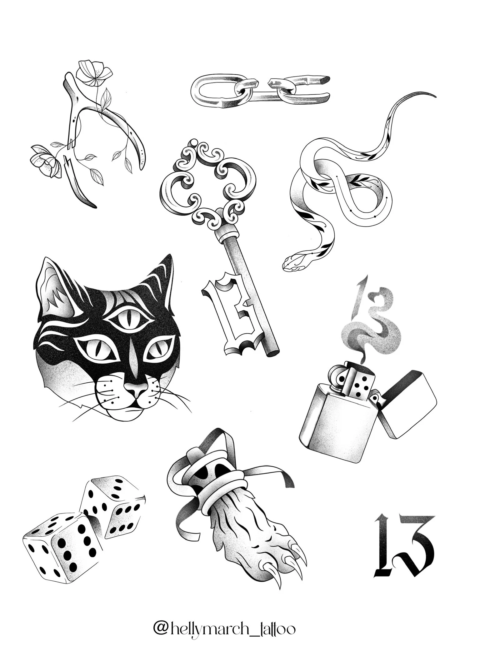 A collection of black and white tattoo-style illustrations including a three-eyed cat face, a pair of dice, a cigarette with smoke forming a number 13, a jagged lighter, a key, a snake, a jump rope, a lightning bolt, a chain, a floral element, and a 