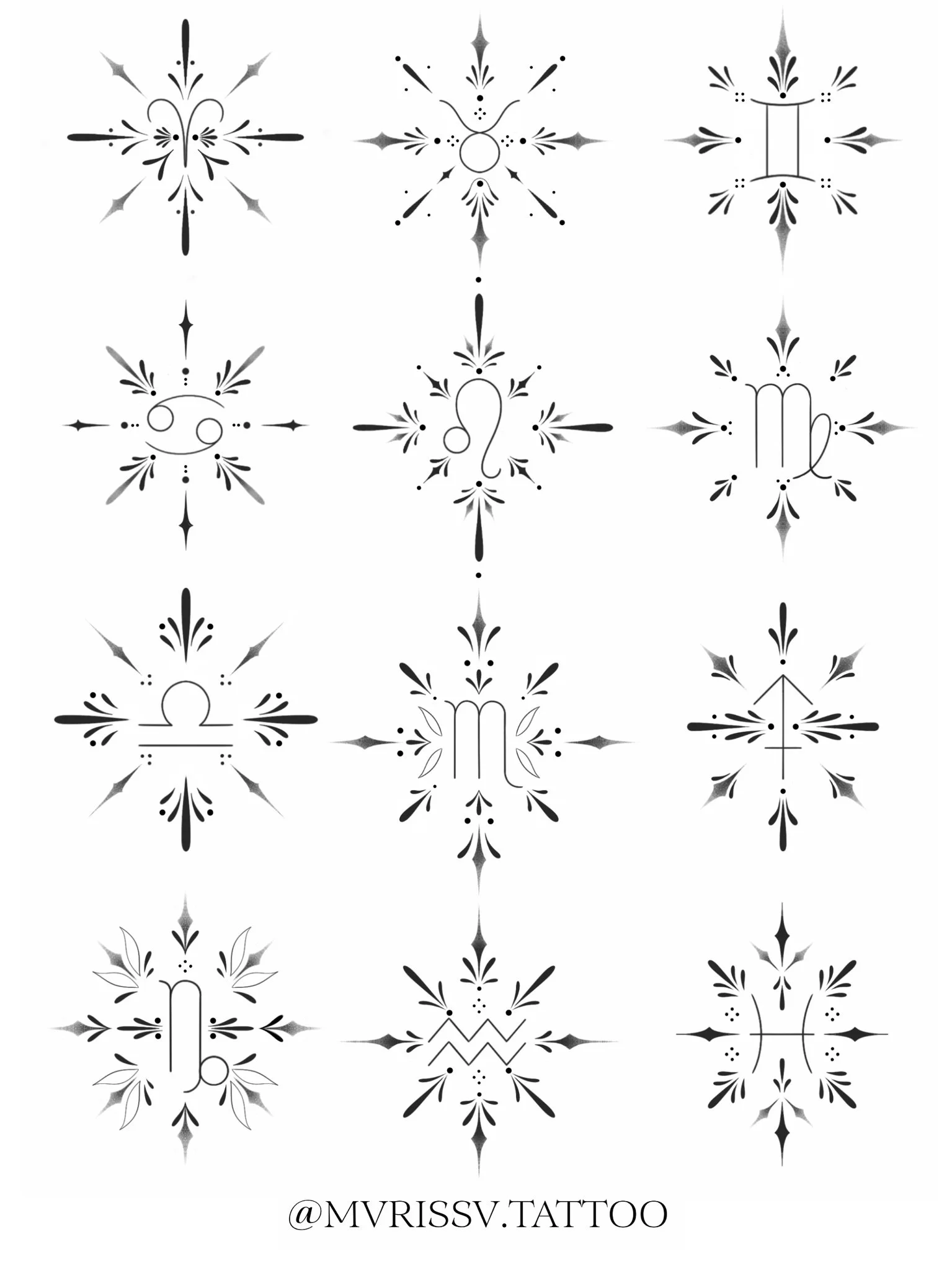 Collection of black and gray snowflake designs with zodiac symbols in the center, arranged in a 3x4 grid, with the Instagram handle '@mvrissv.tattoo' at the bottom.